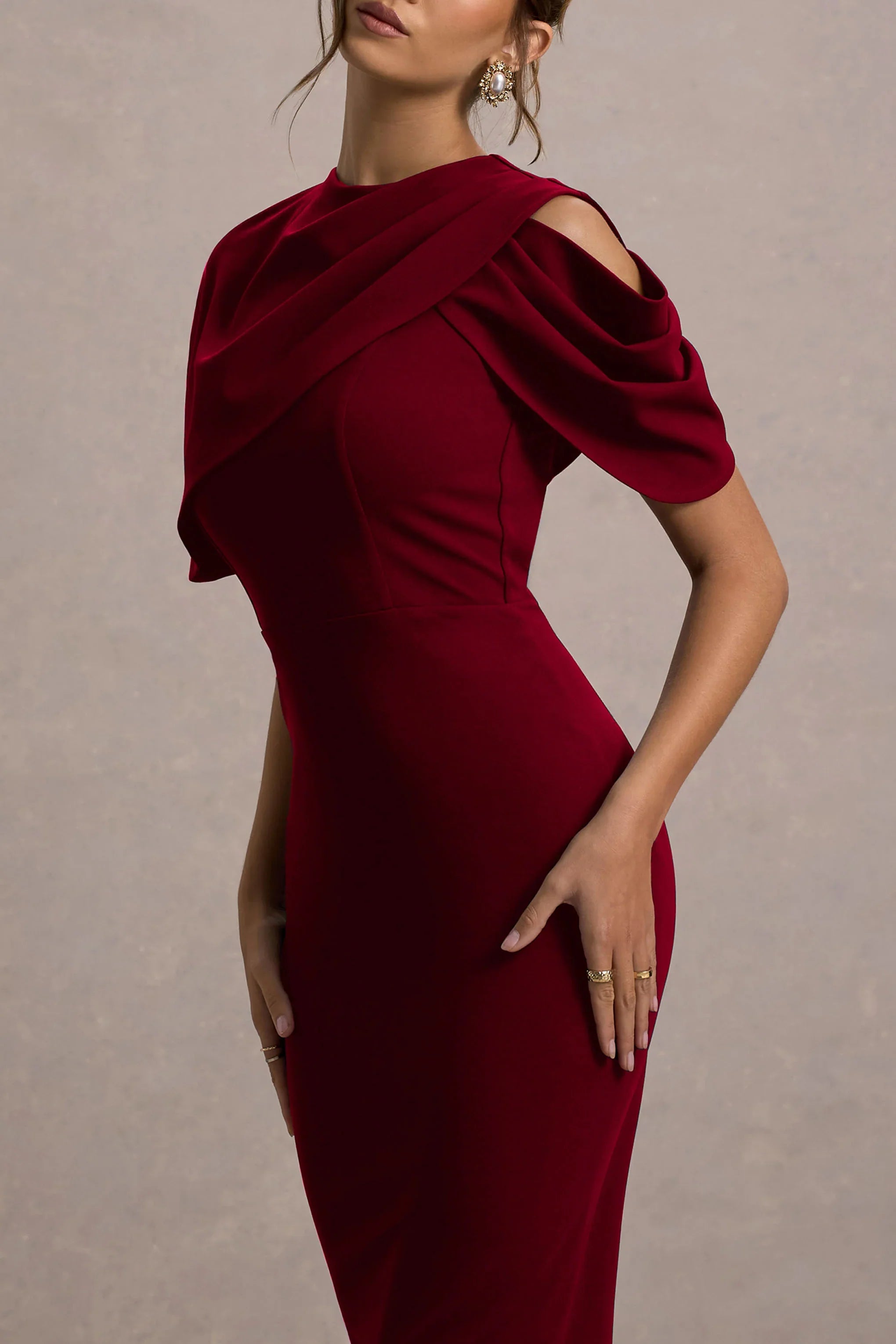 Dorothea Berry Draped Midi Dress With Cape