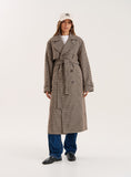 Brown Checked Belted Wool Blend Trench Coat