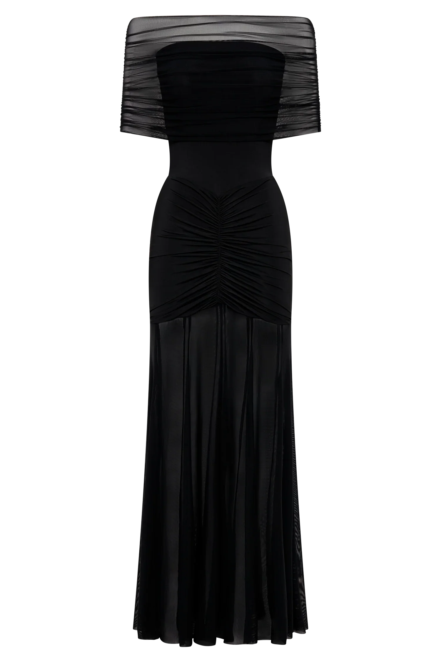 Caspian Slinky And Mesh Off Shoulder Maxi Dress Black