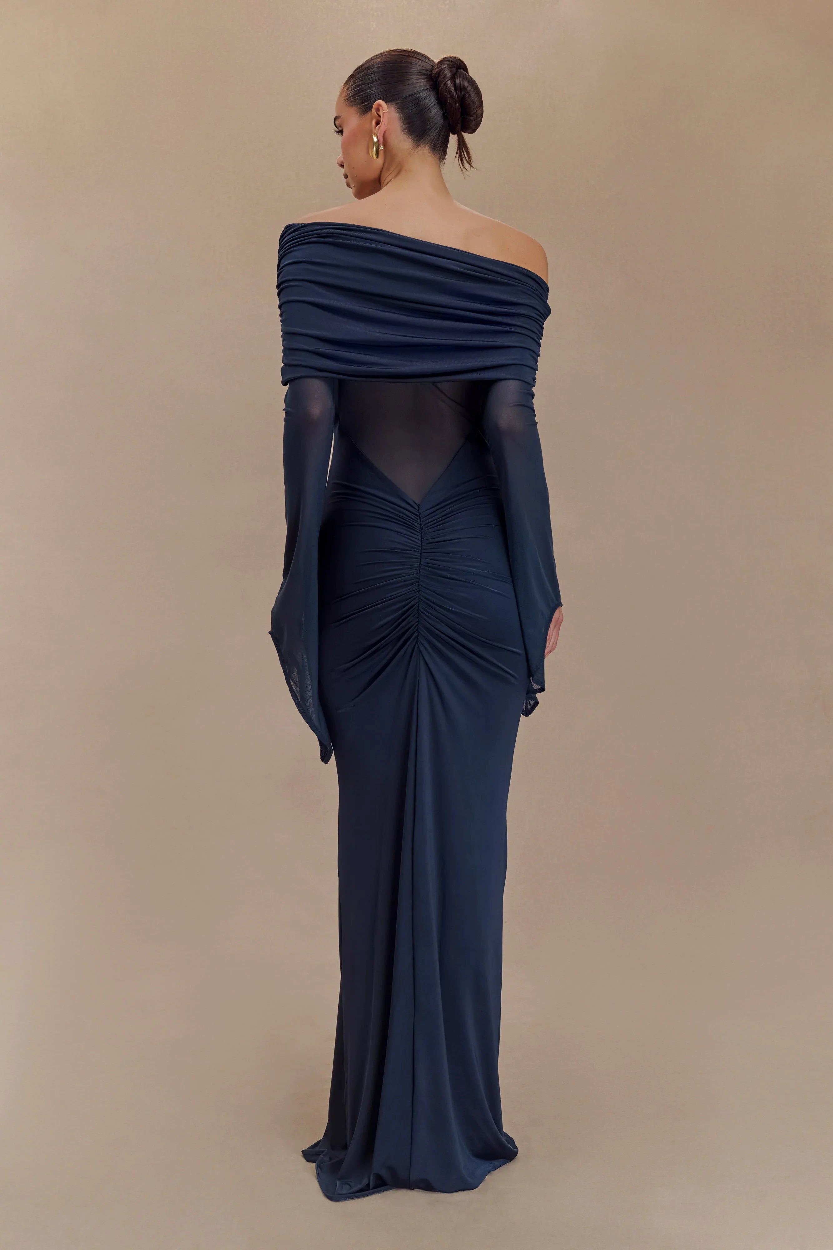 Kaitlin One Shoulder Slinky And Mesh Maxi Dress Midnight Blue