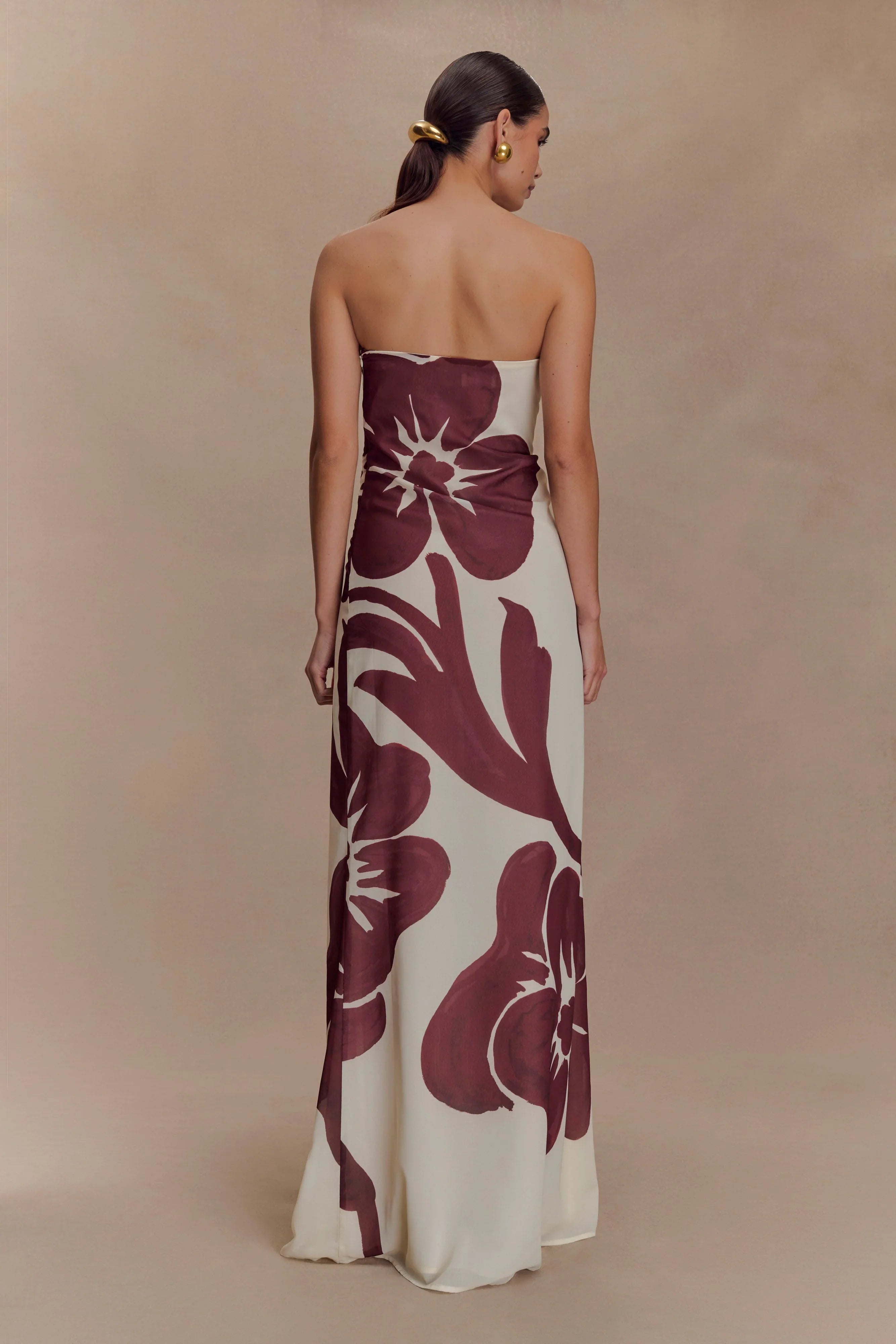 Amaya Strapless Chiffon Maxi Dress Brown Deco Fleur Print