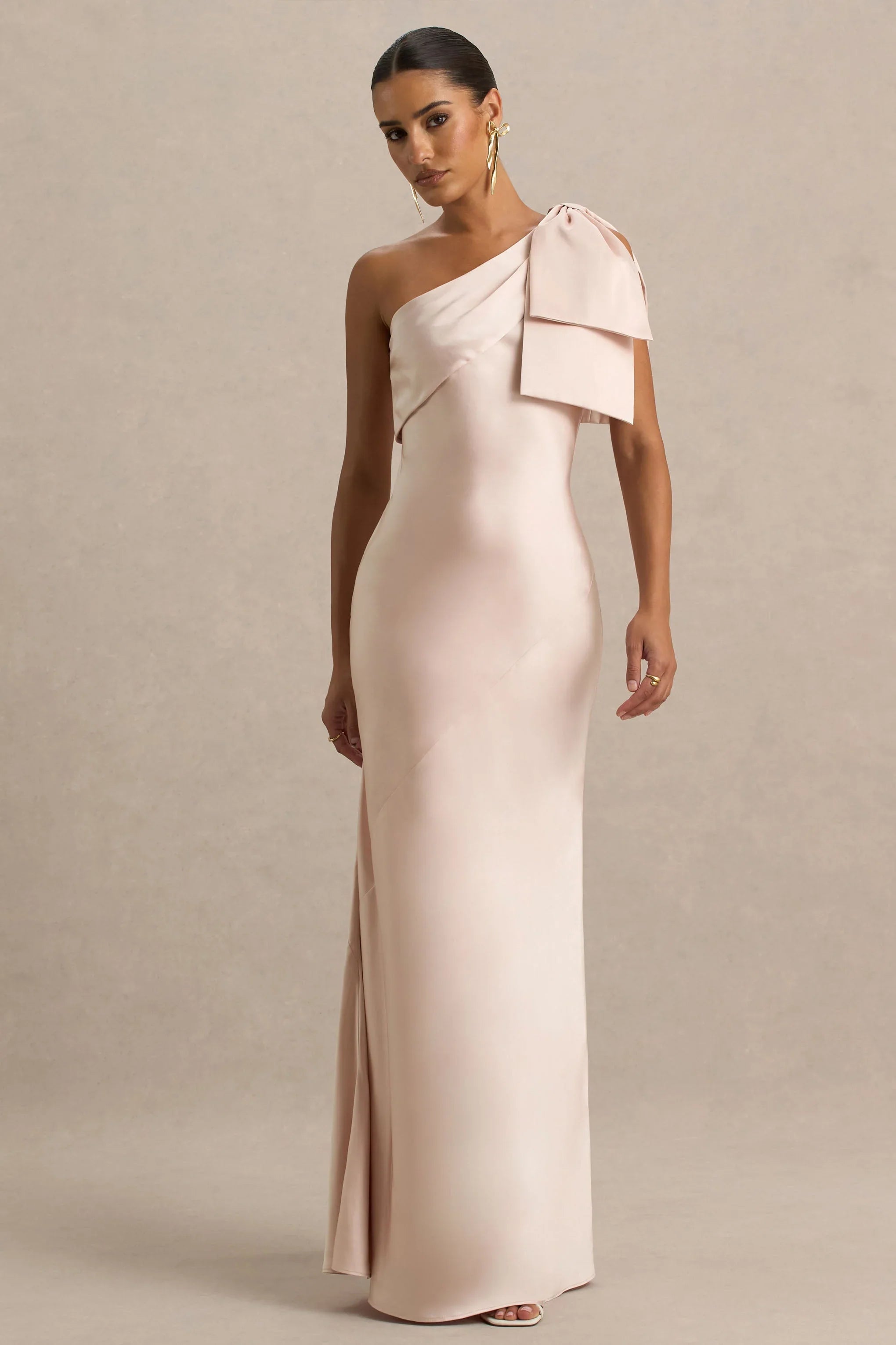 Valerie Light Pink Satin Asymmetric Neck Maxi Dress With Bow Detail