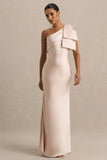 Valerie Light Pink Satin Asymmetric Neck Maxi Dress With Bow Detail