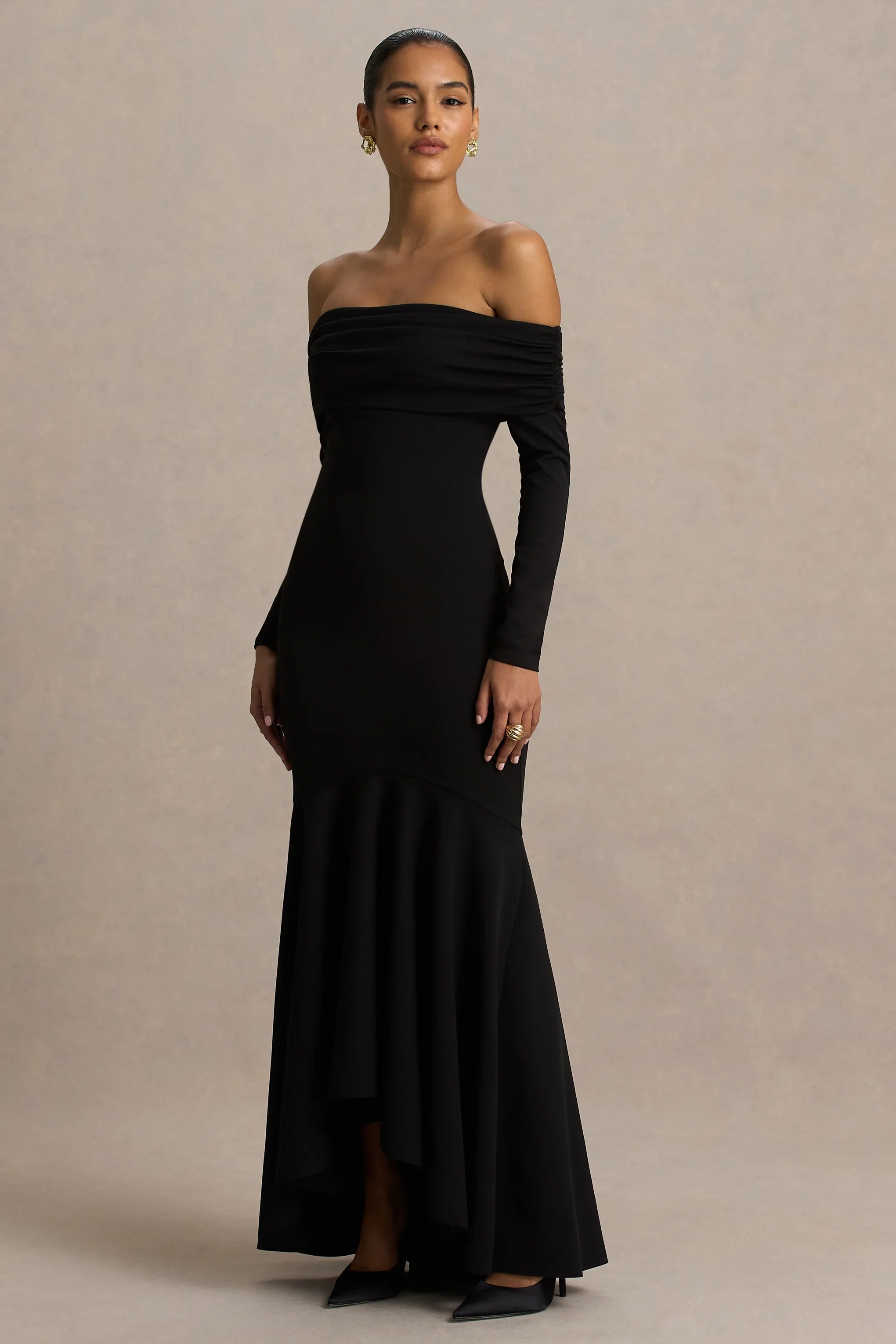 Everlasting Black Bardot Neck Maxi Dress With Pleated Detailing