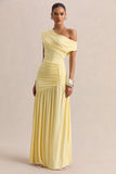 Kady Lemon Asymmetric Neck Maxi Dress With Ruched Detailing