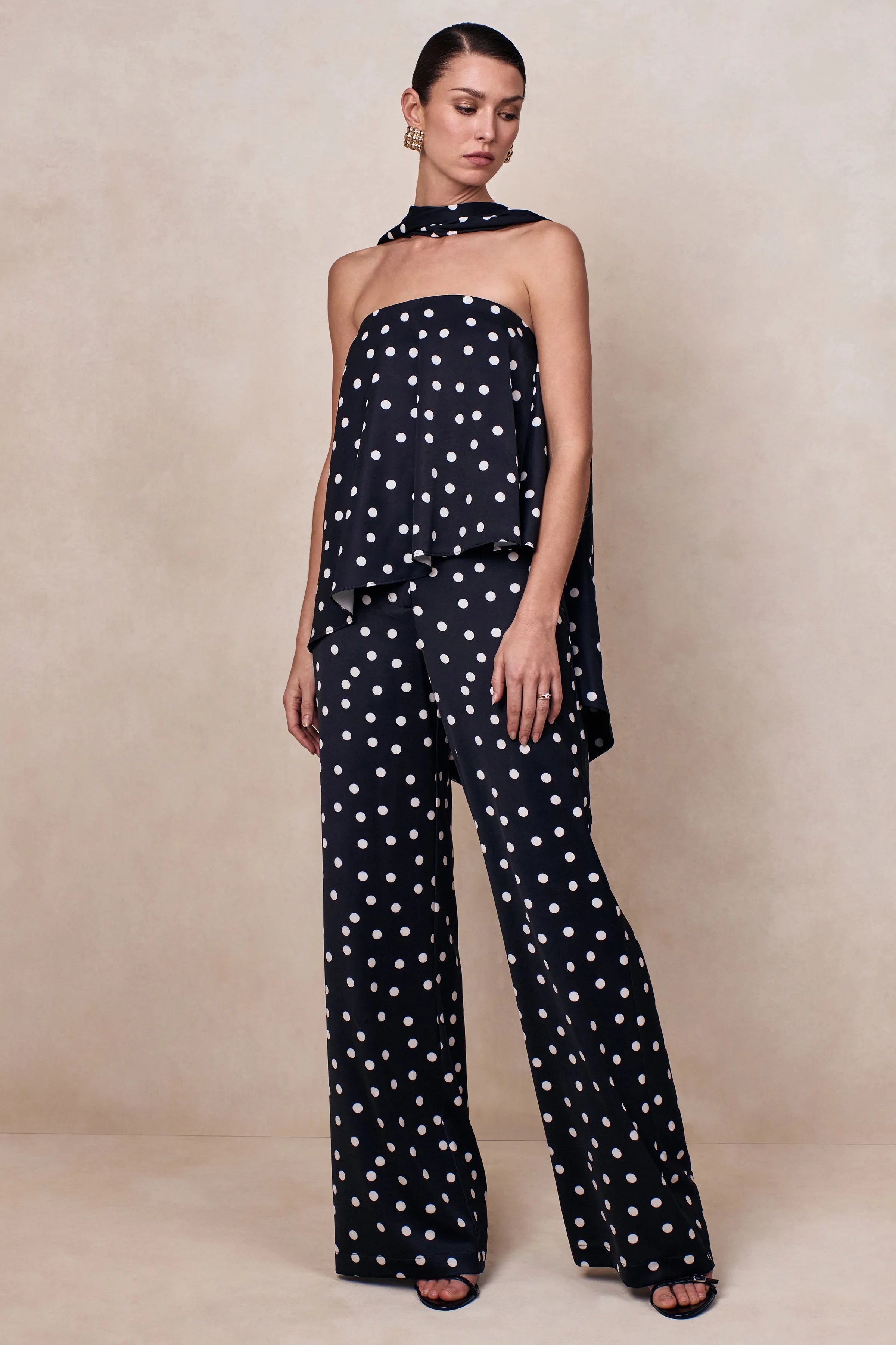 Seloria Black White Satin Polka Dot Wide Leg Trouser