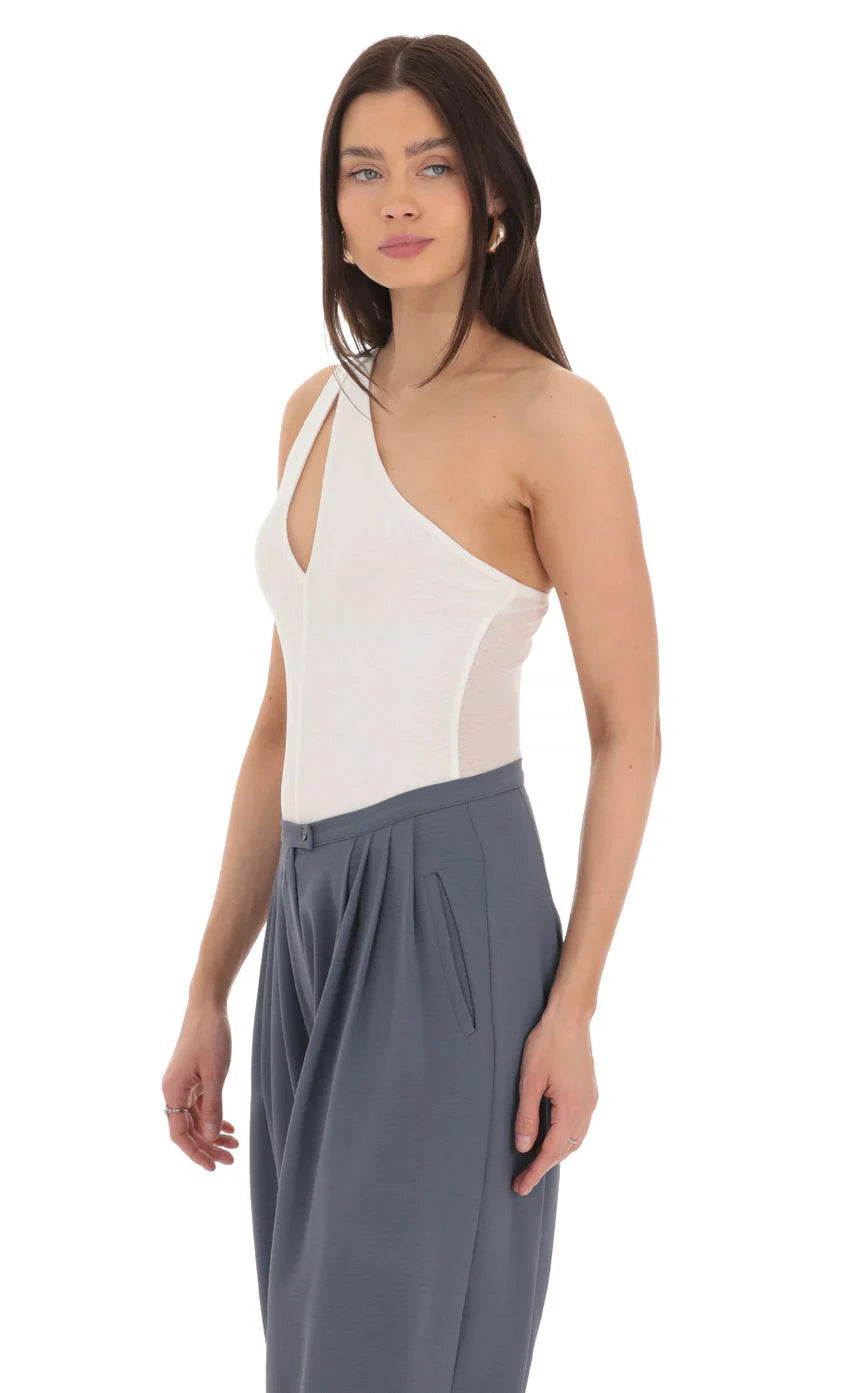 One Shoulder Keyhole Bodysuit in White