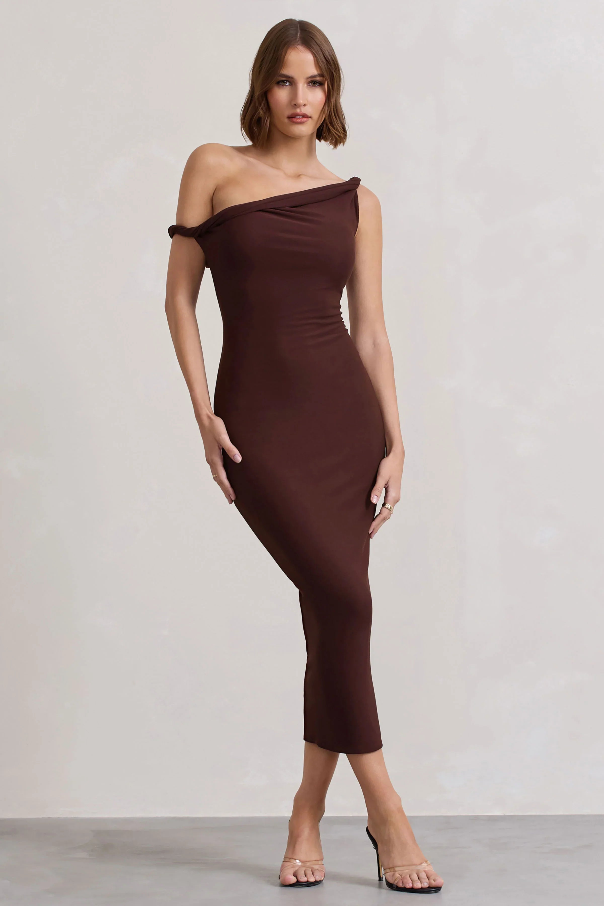 Salome Chocolate Brown Twisted Asymmetric Midi Dress