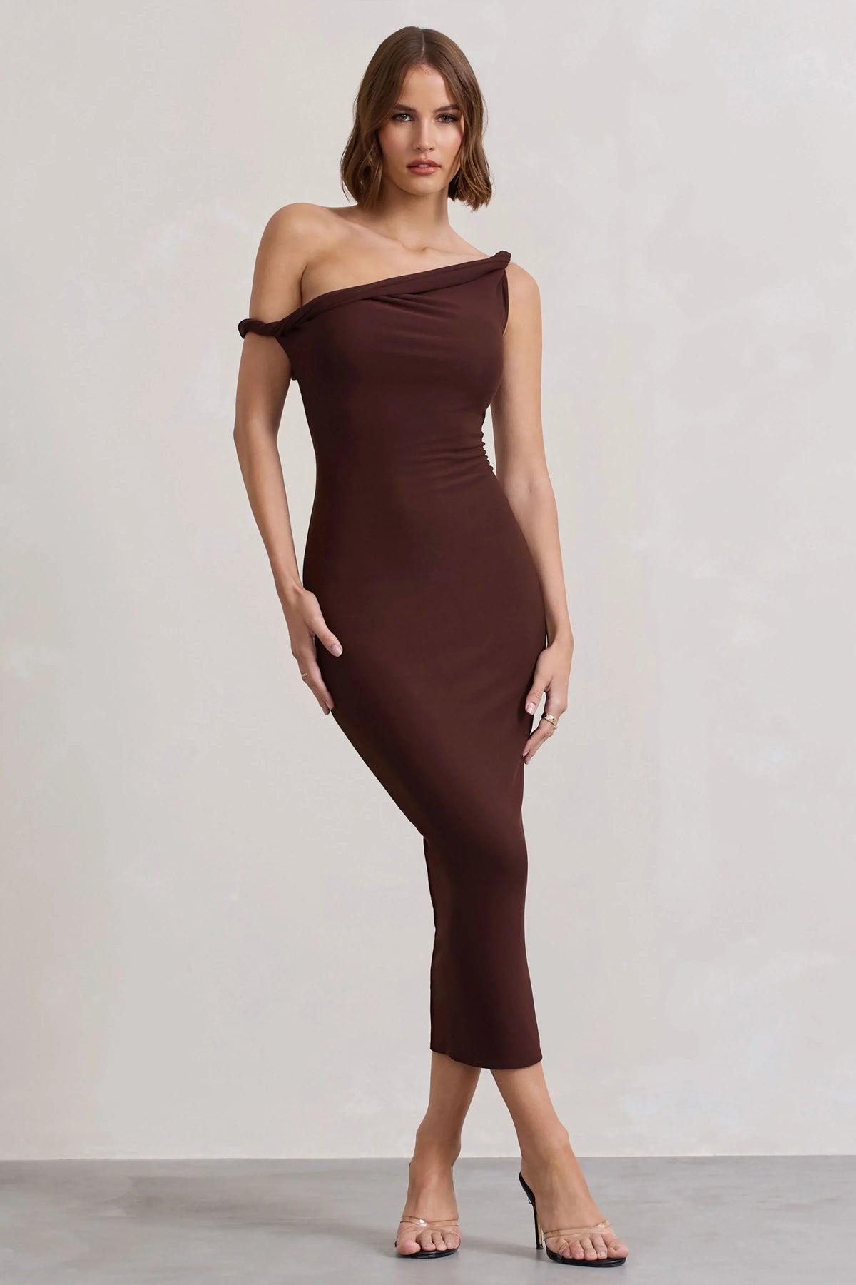 Salome Chocolate Brown Twisted Asymmetric Midi Dress