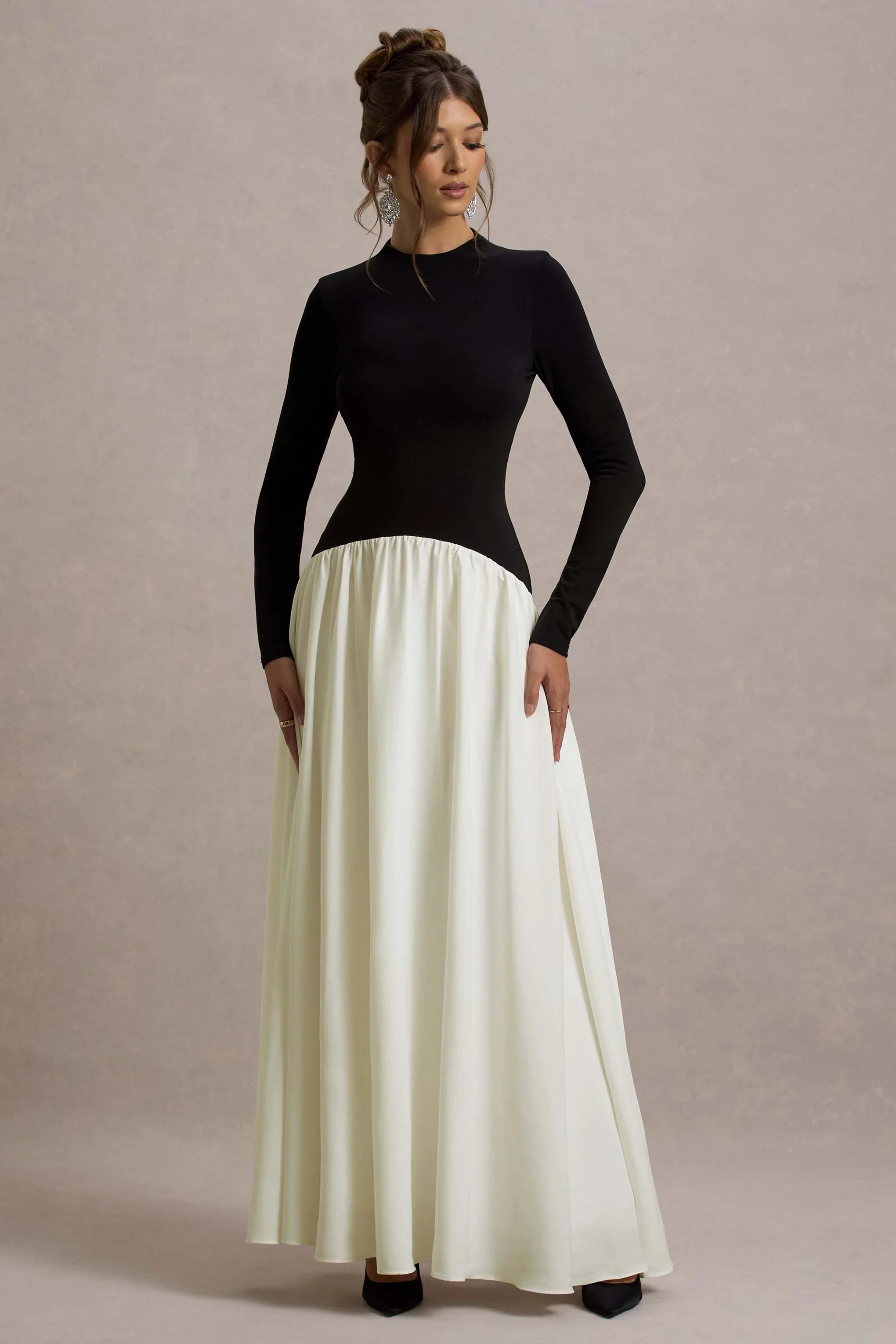 Benedetta Black Cream Long Sleeve Drop Waist Maxi Dress