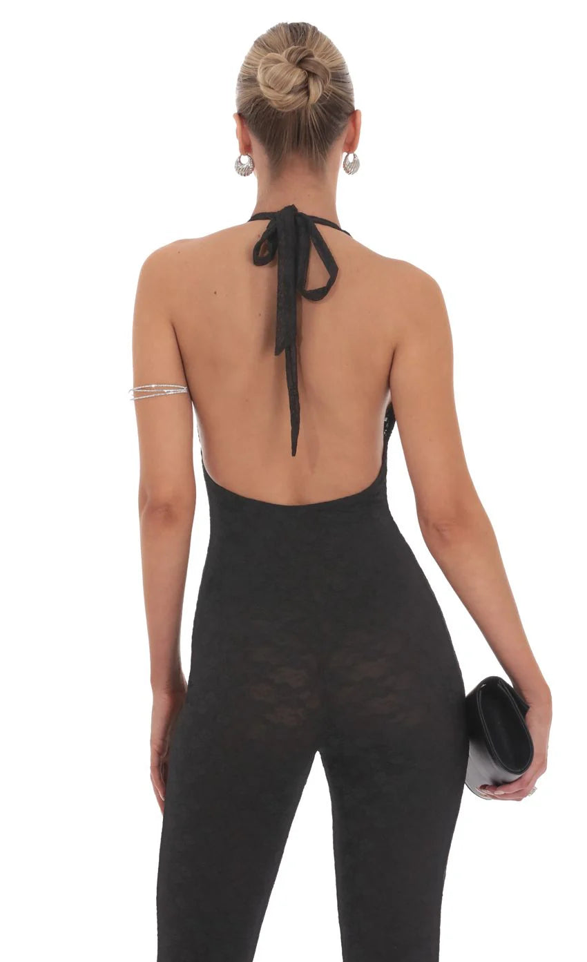 Lace Halter Jumpsuit in Black