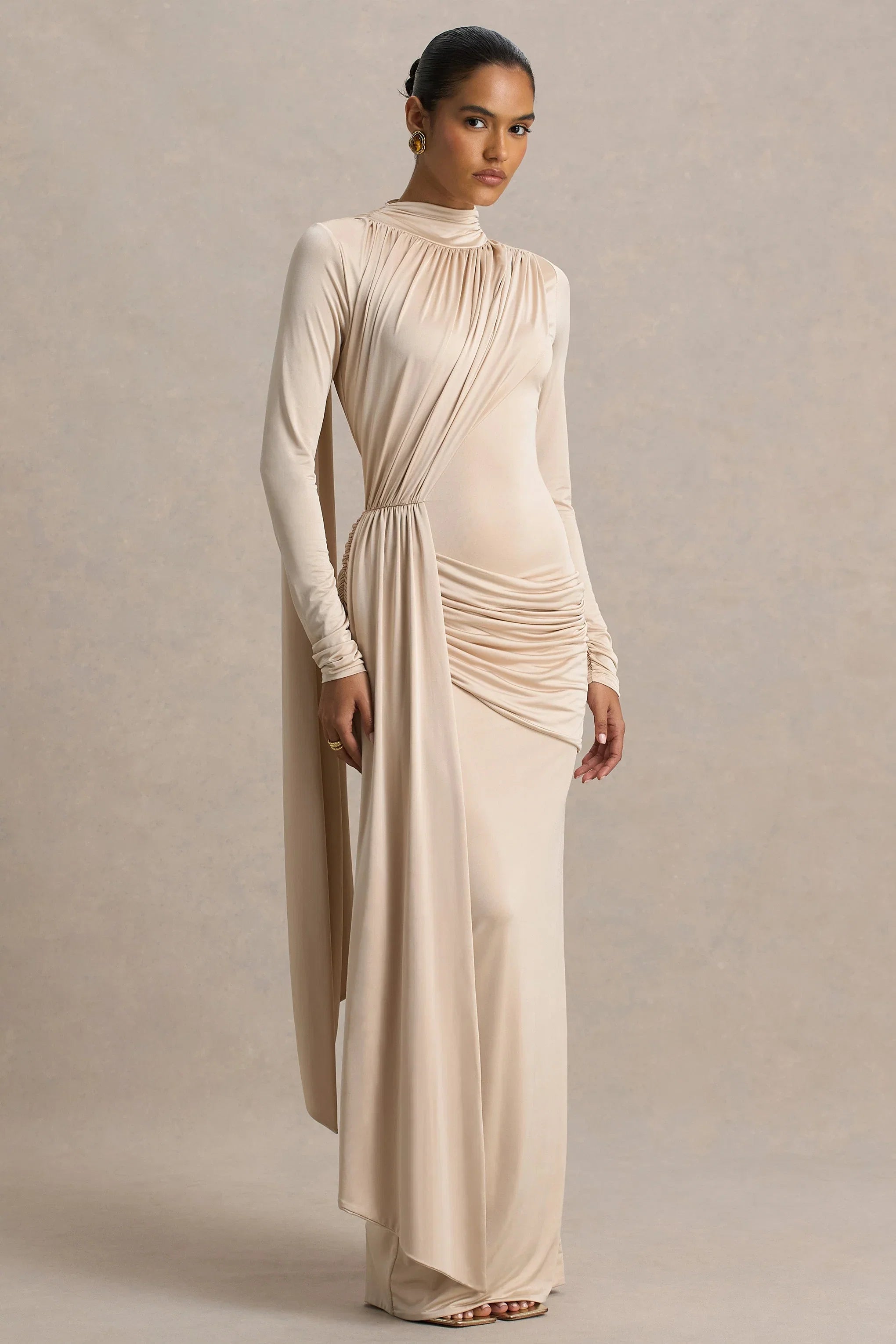 Romi Champagne High Neck Maxi Dress With Ruched Detailing