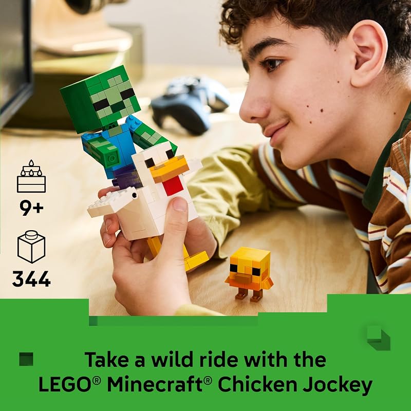 LEGO Minecraft Chicken Jockey 21582 Building Toys for Boys Girls Ages 9 Display for Bedroom 344 pieces Gift for Birthdays