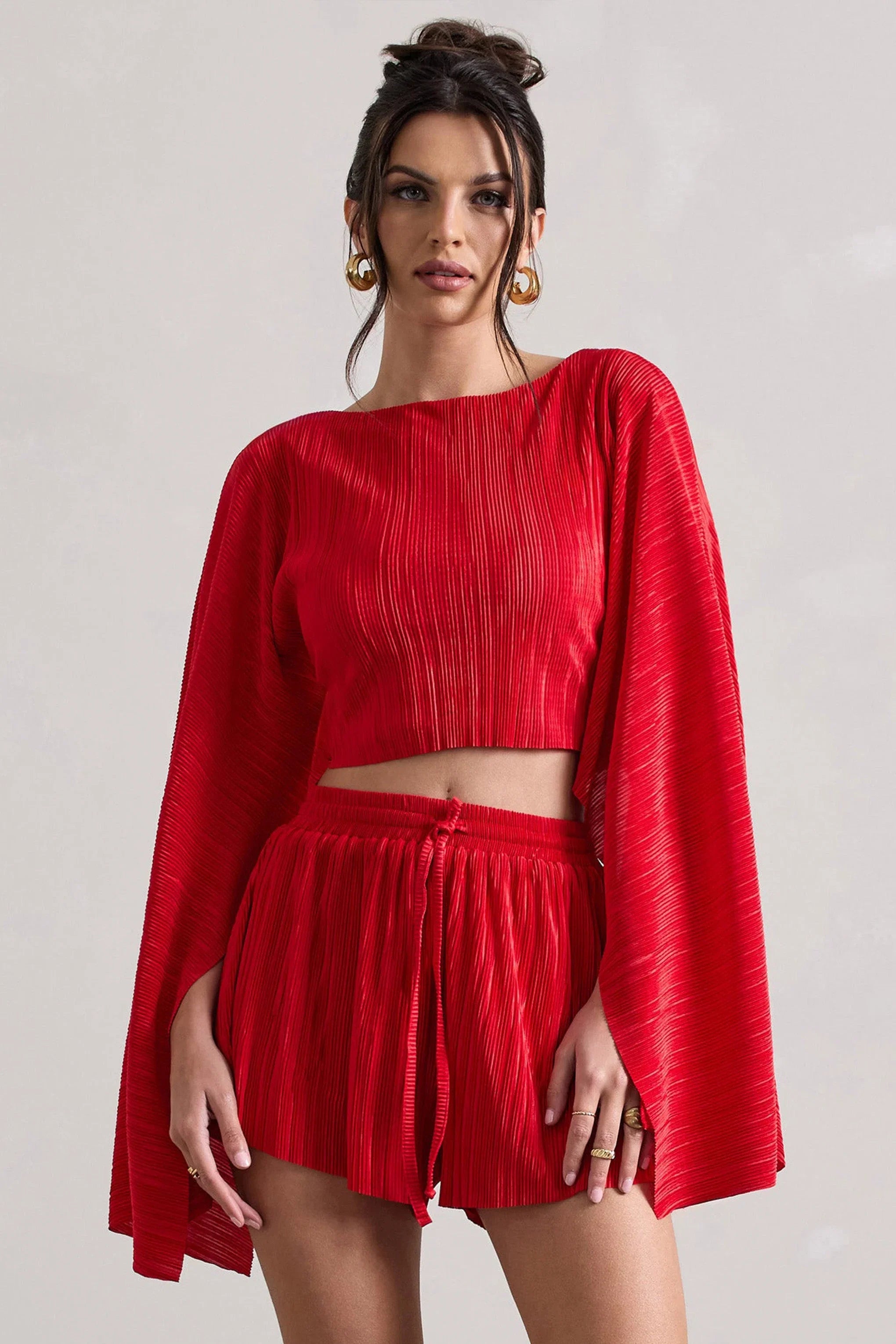 Flare Red Plisse Cape Sleeve Crop Top