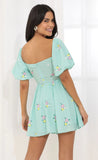 Puff Sleeve Tummy Cutout Dress in Green