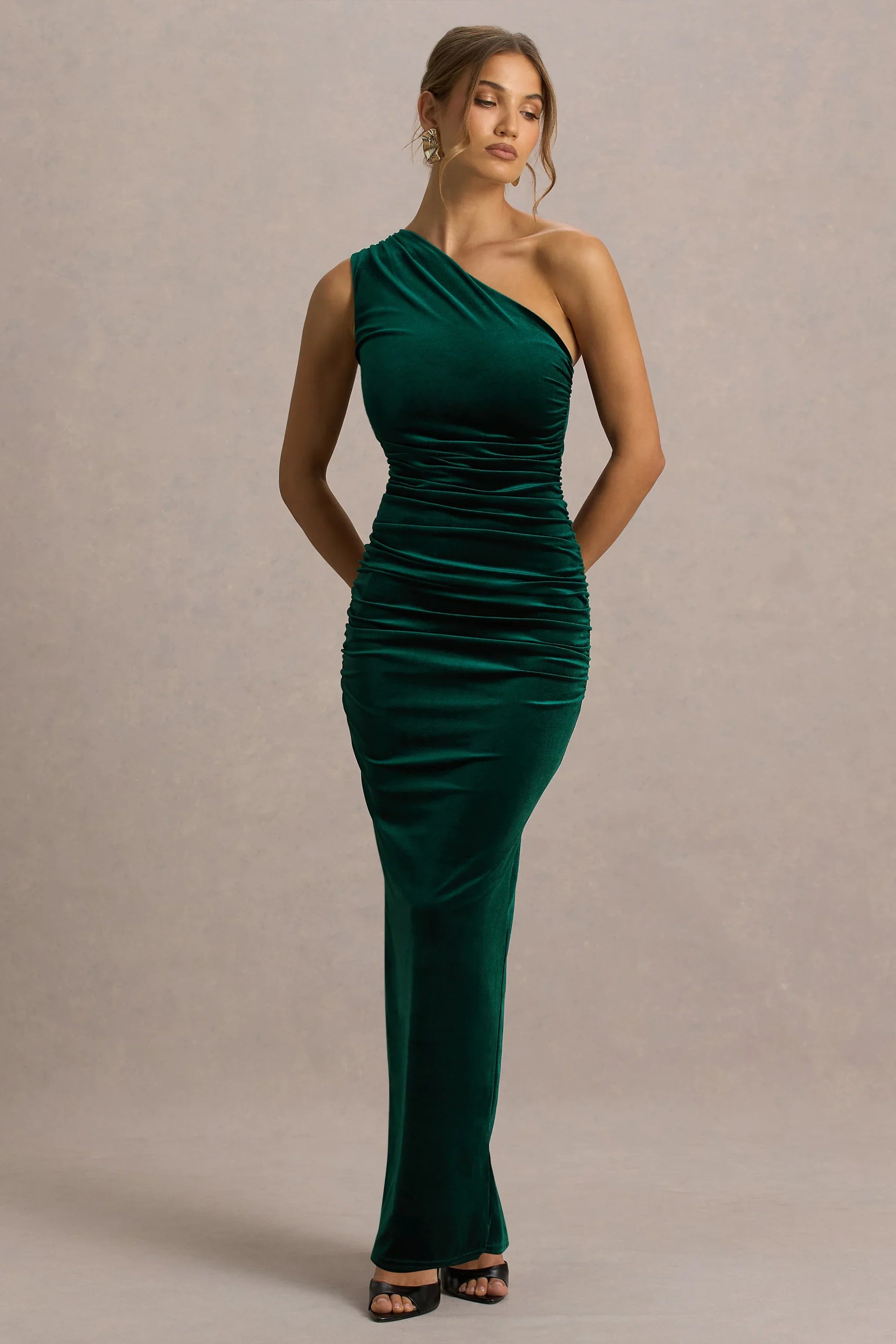 Treat Bottle Green Velvet Asymmetric Neck Maxi Dress With Ruched Detailing