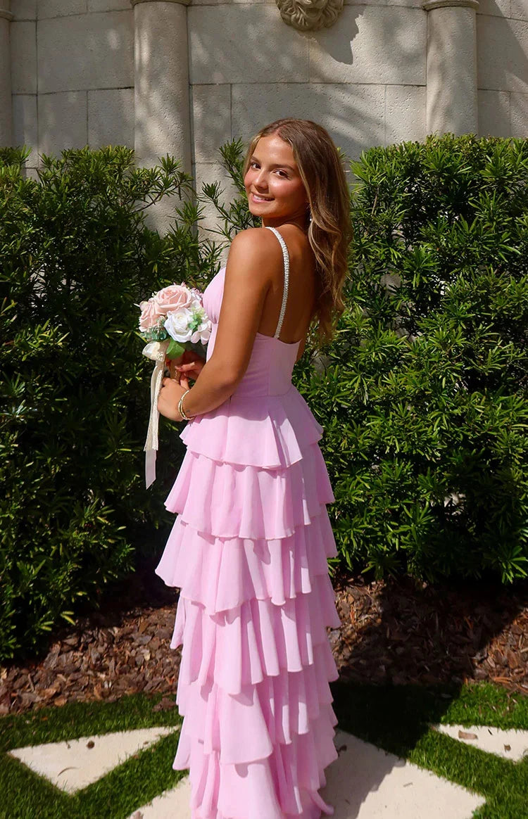 Felicity Pink Pearl Strap Ruffle Maxi Dress PRE ORDER