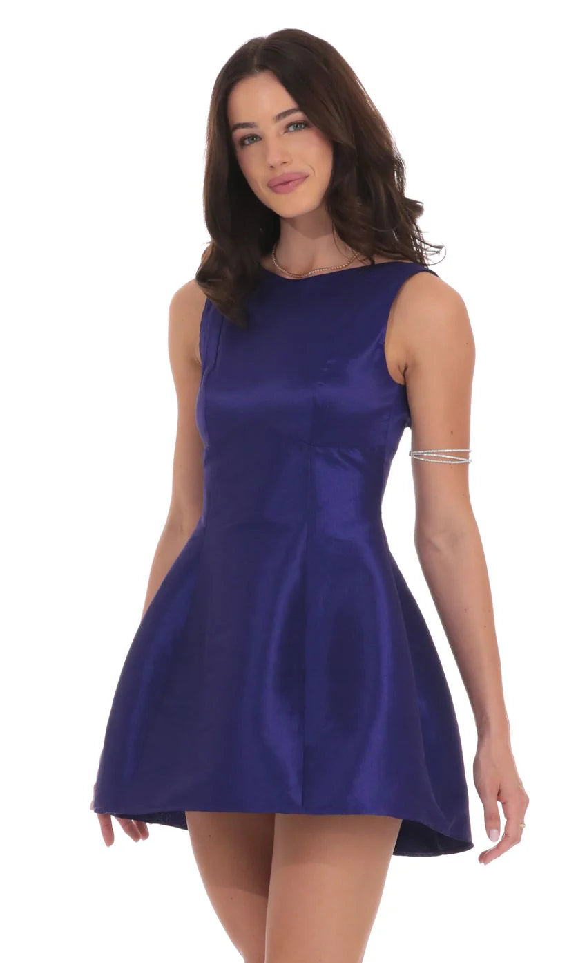 High Neck Open Back Flare Dress in Purple
