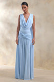 Amelisse Powder Blue Plunge Neck Maxi Dress With Ruched Detailing