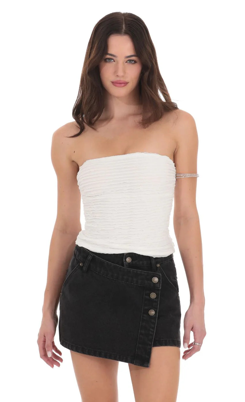 Overlap Button Denim Skirt in Black