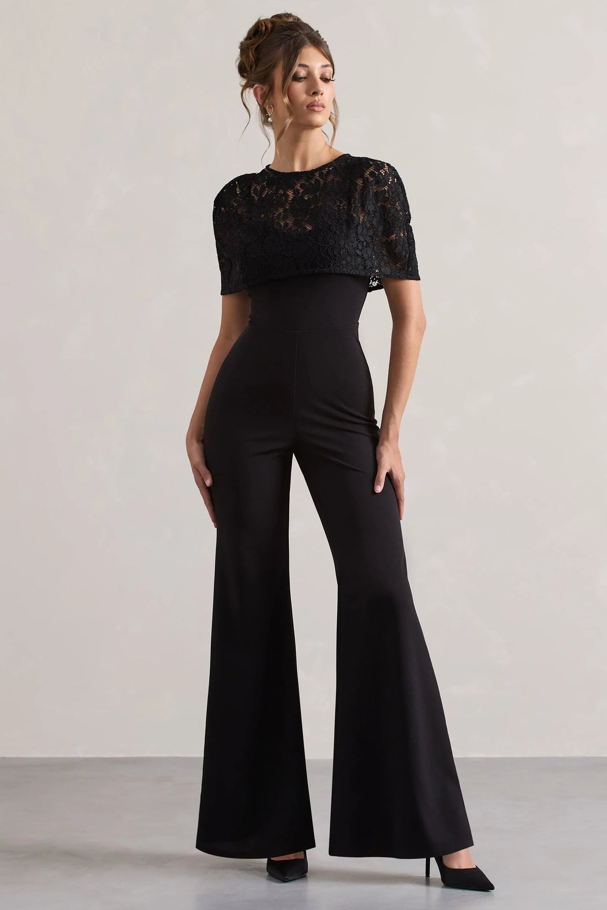 Endless Black Flared Leg Jumpsuit With Lace Overlay