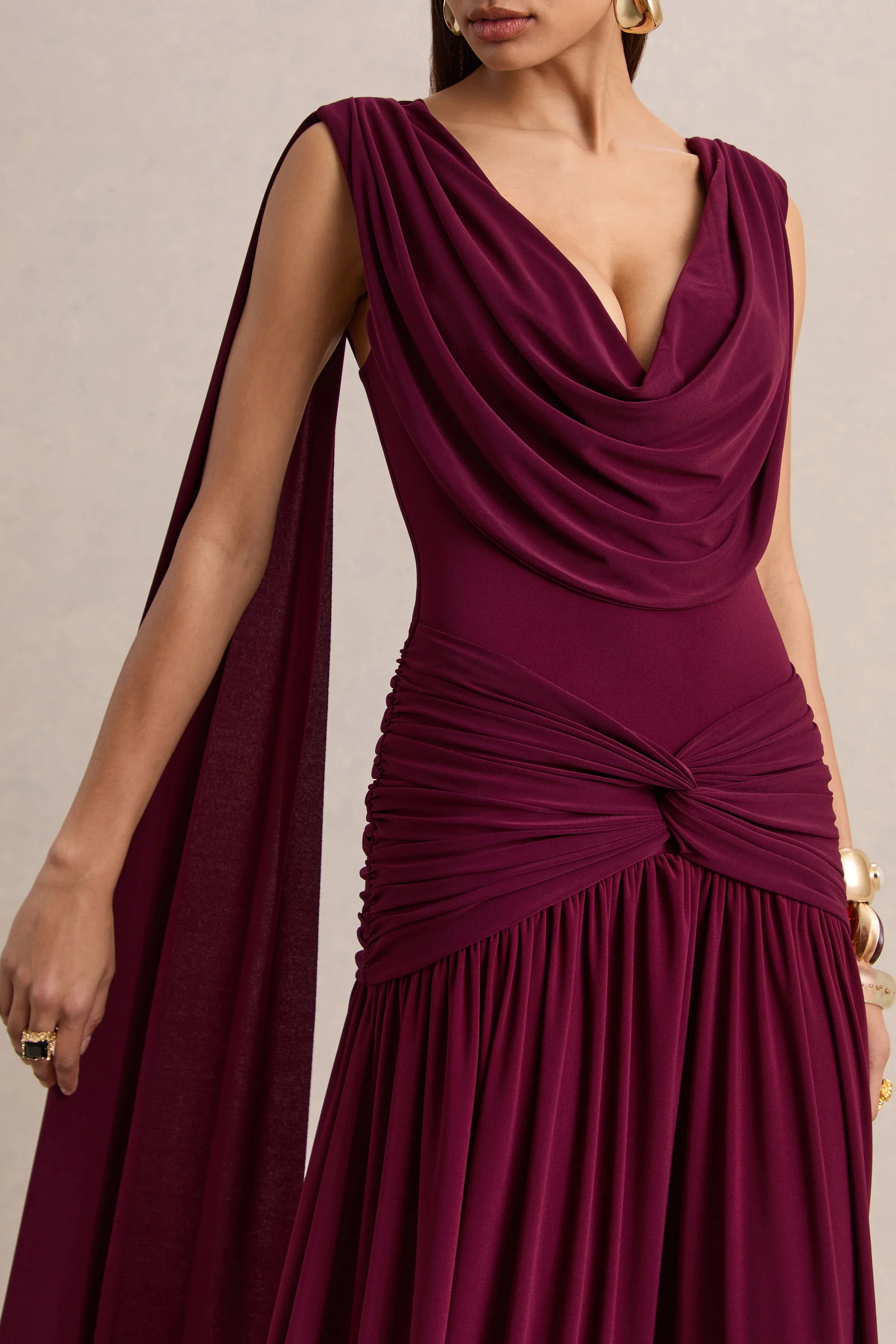 Amelisse Burgundy Plunge Neck Maxi Dress With Ruched Detailing