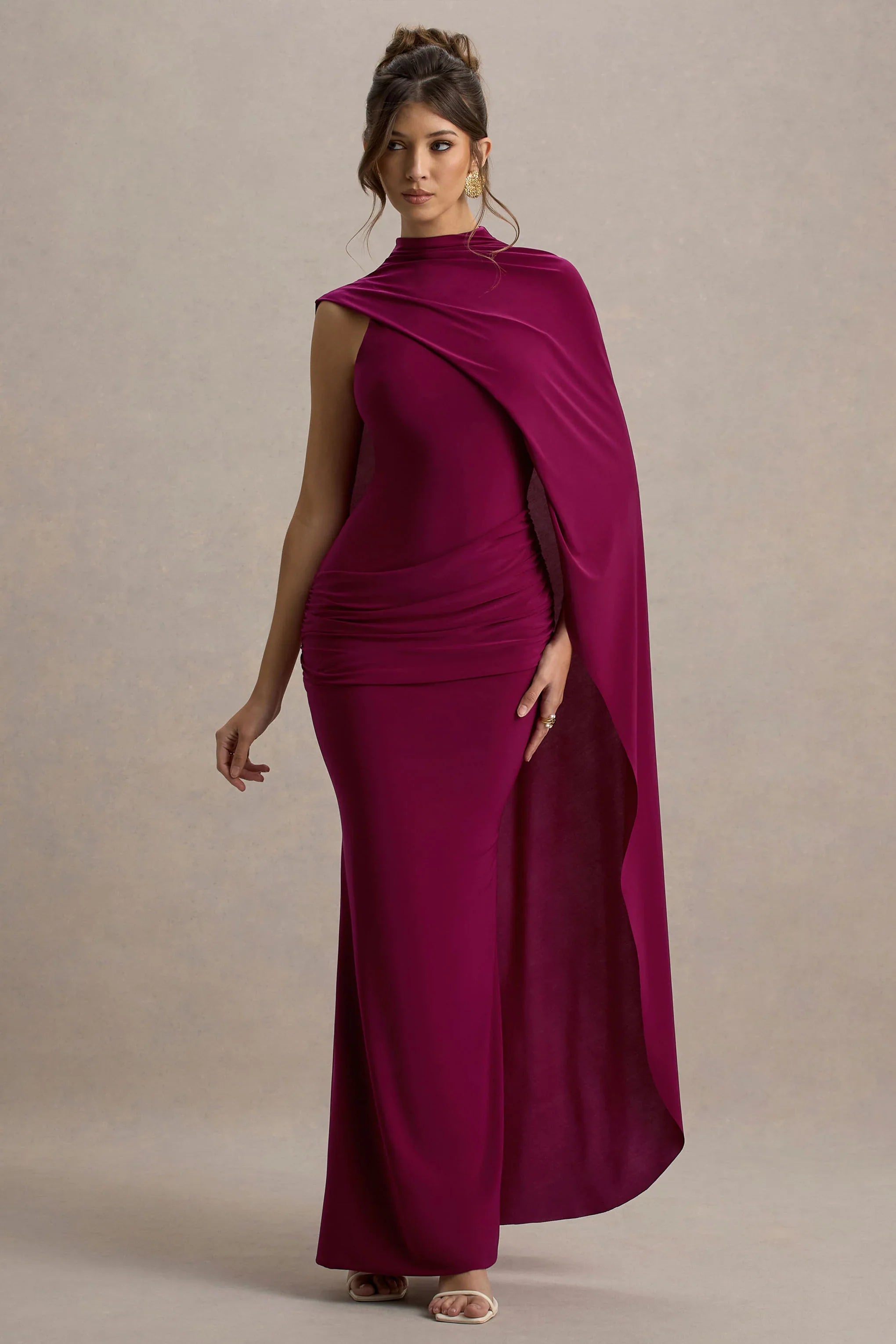Maeve Burgundy Cape Sleeve Draped Maxi Dress