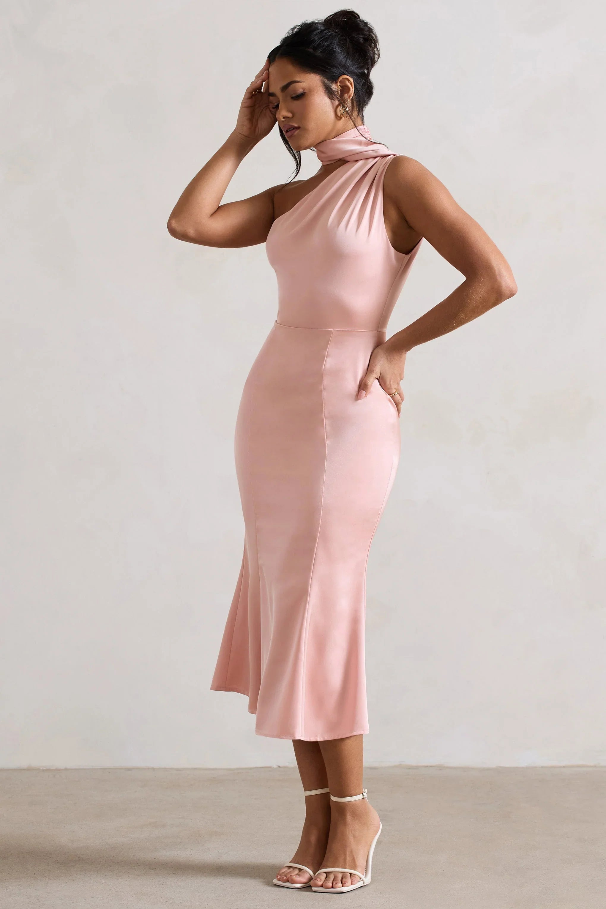 Golden Girl Blush Pink Satin One Shoulder High Neck Flared Midi Dress