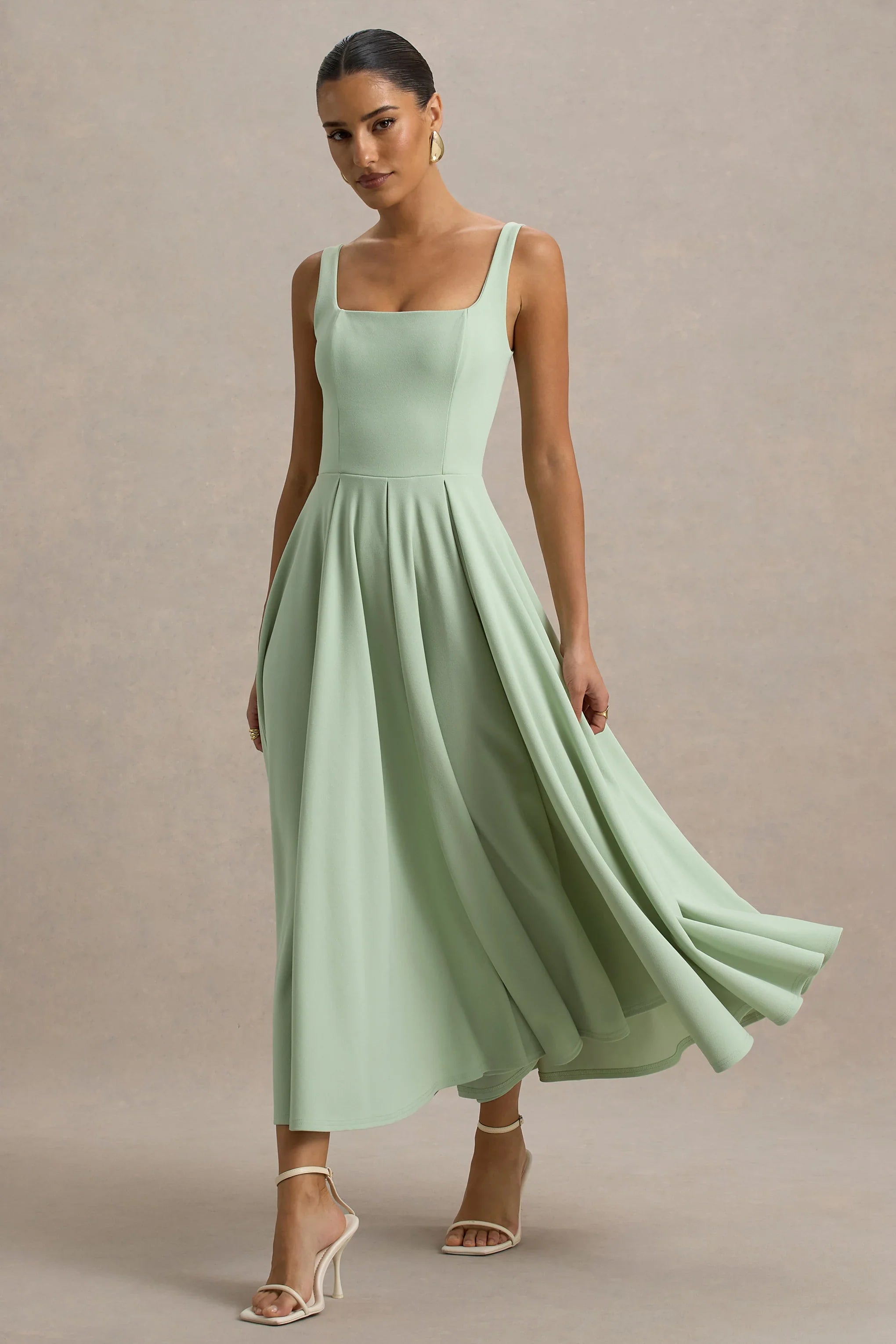 Parina Light Green Strappy Volume Hem Midi Dress