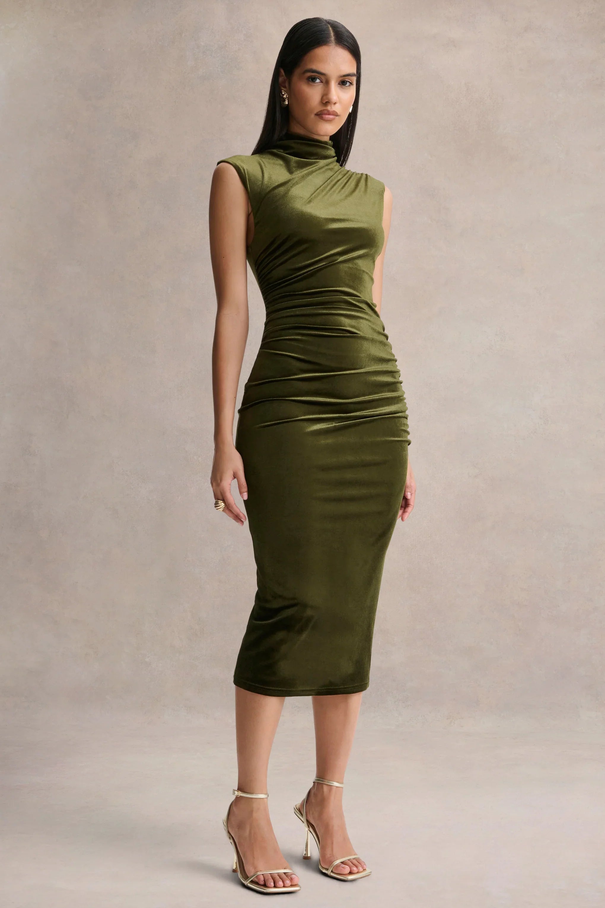 Novine Olive Velvet High Neck Midi Dress
