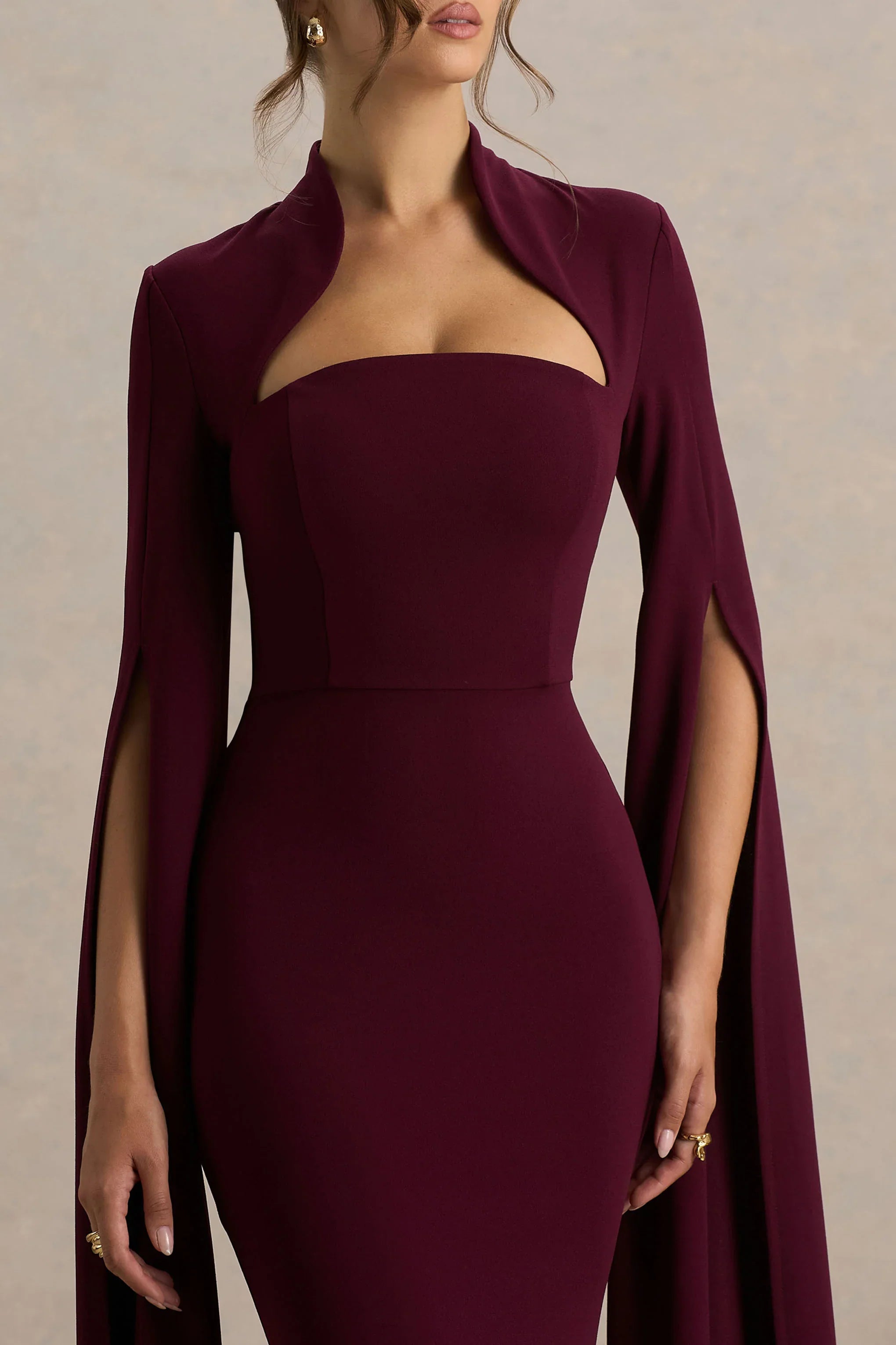 Esme Burgundy Square Neck Maxi Dress With Cape Sleeves