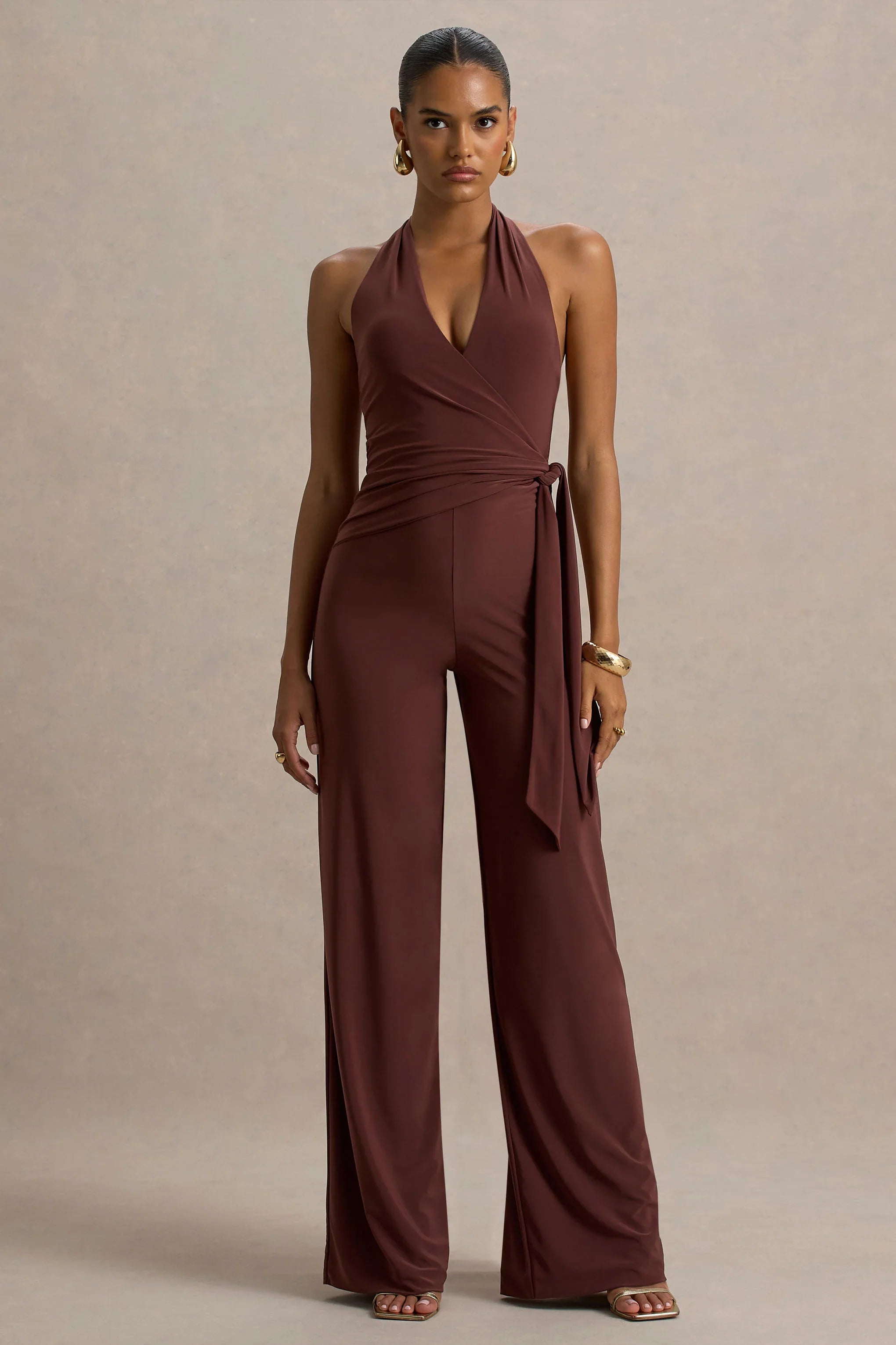 Marlais Chocolate Plunge Neck Jumpsuit With Tie Waist
