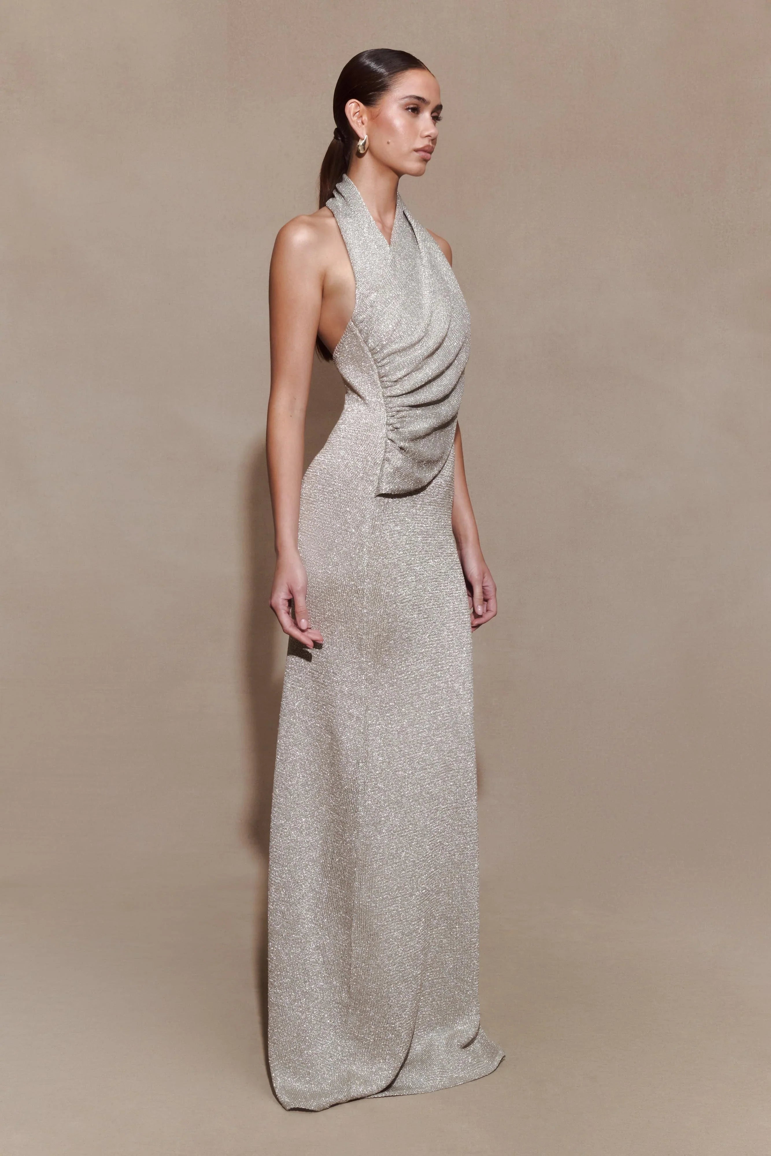 Elma Lurex Knit Halter Maxi Dress Silver