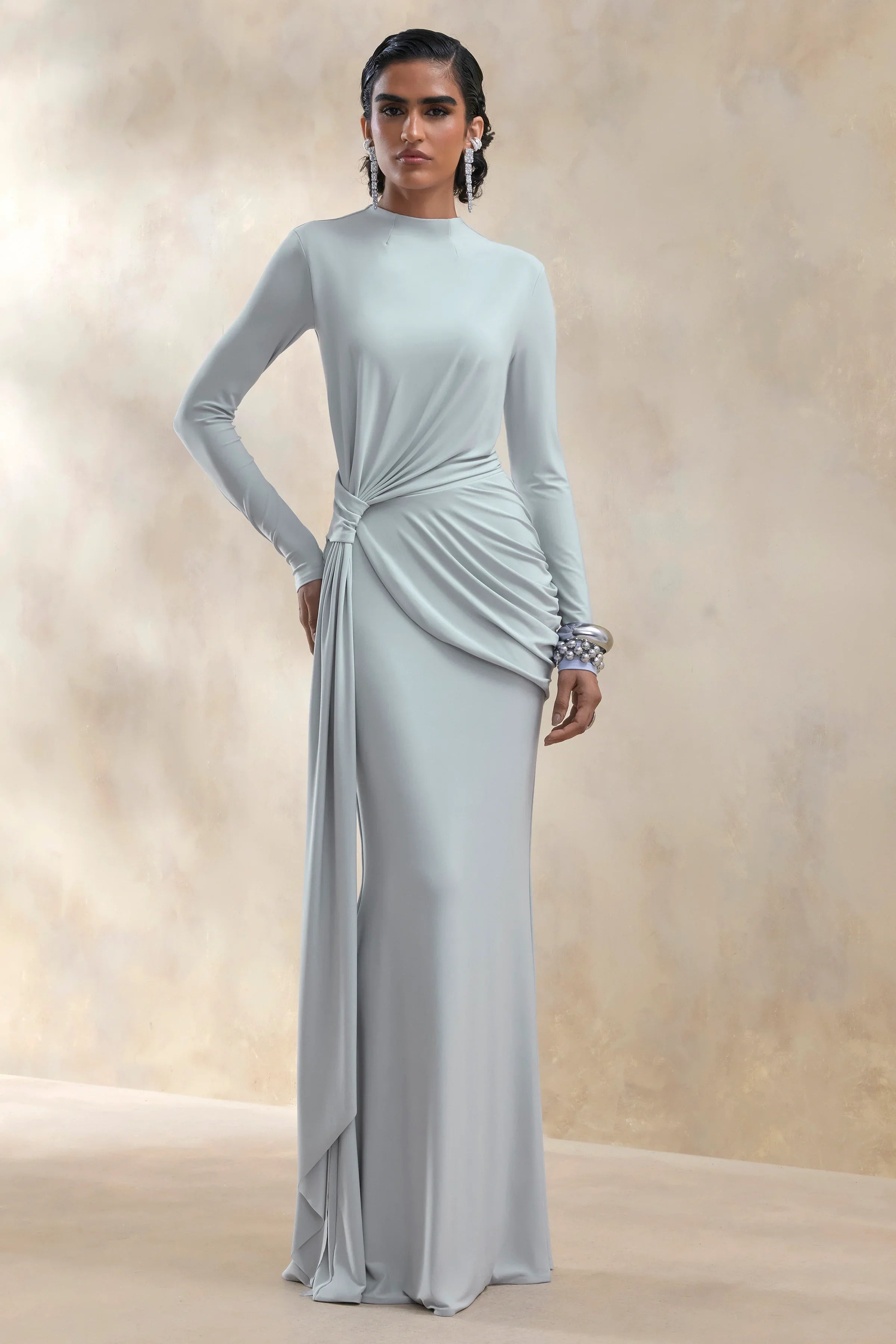 Kyrissa Blue High Neck Maxi Dress With Gathered Detailing