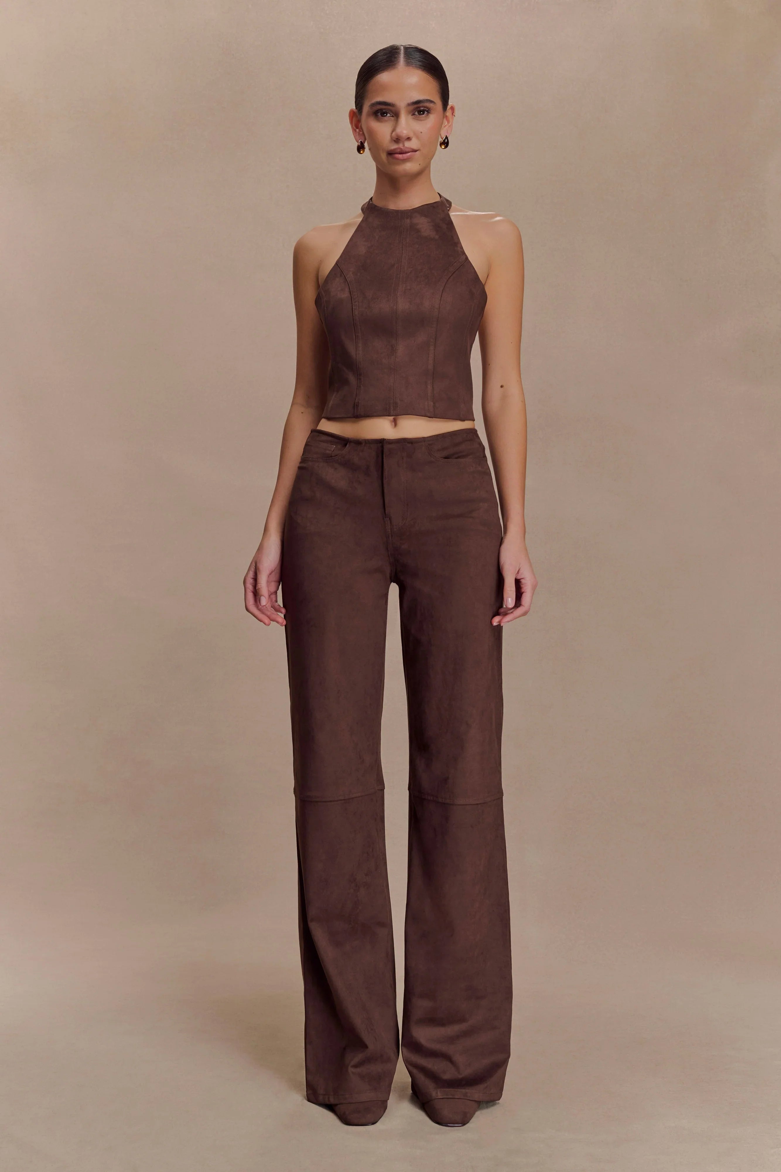 Logan Faux Suede Halter Top Dark Chocolate