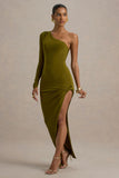Astra Green One Shoulder Asymmetric Maxi Dress
