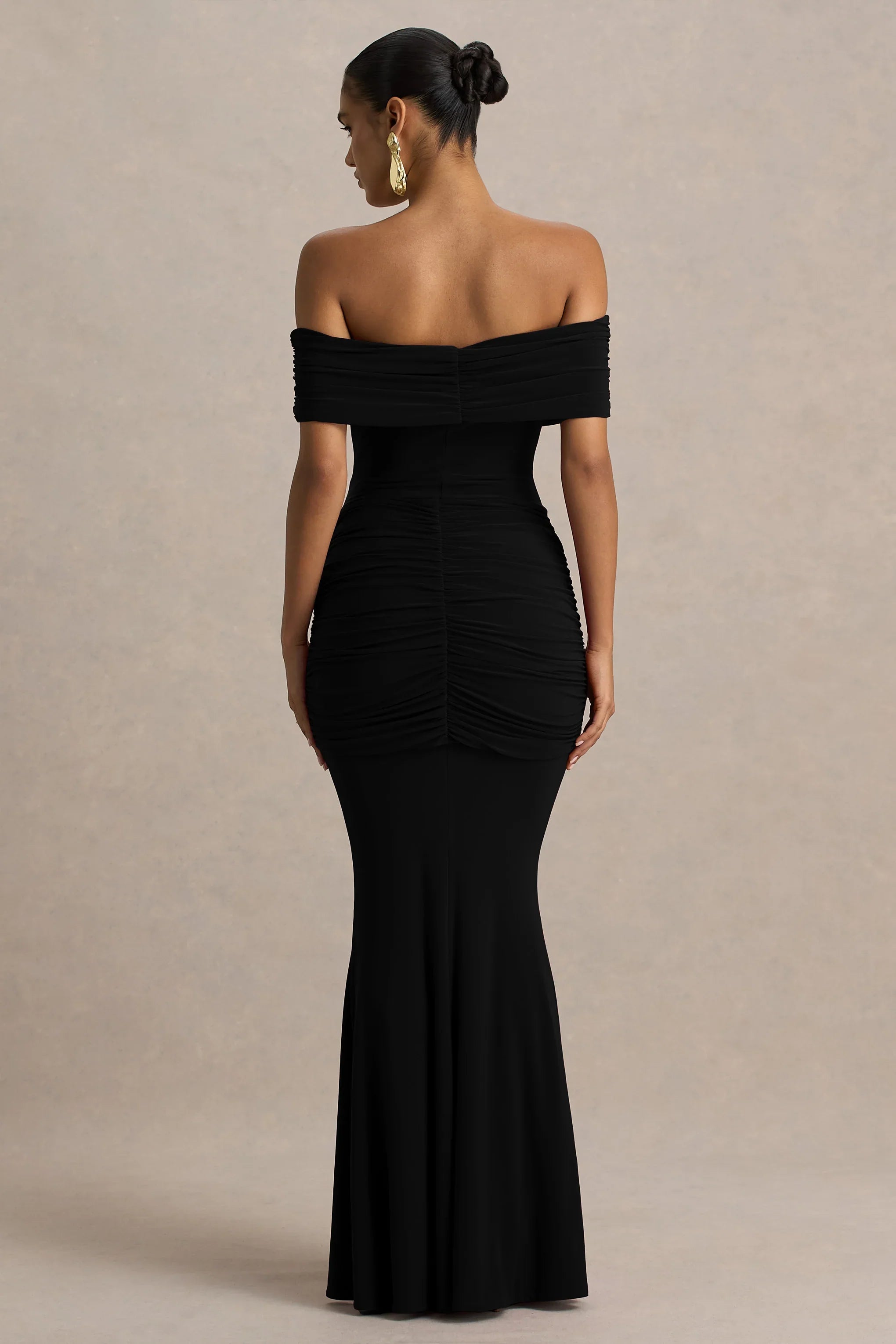 Envisioned Black Bardot Neck Maxi Dress With Gathered And Drape Detail