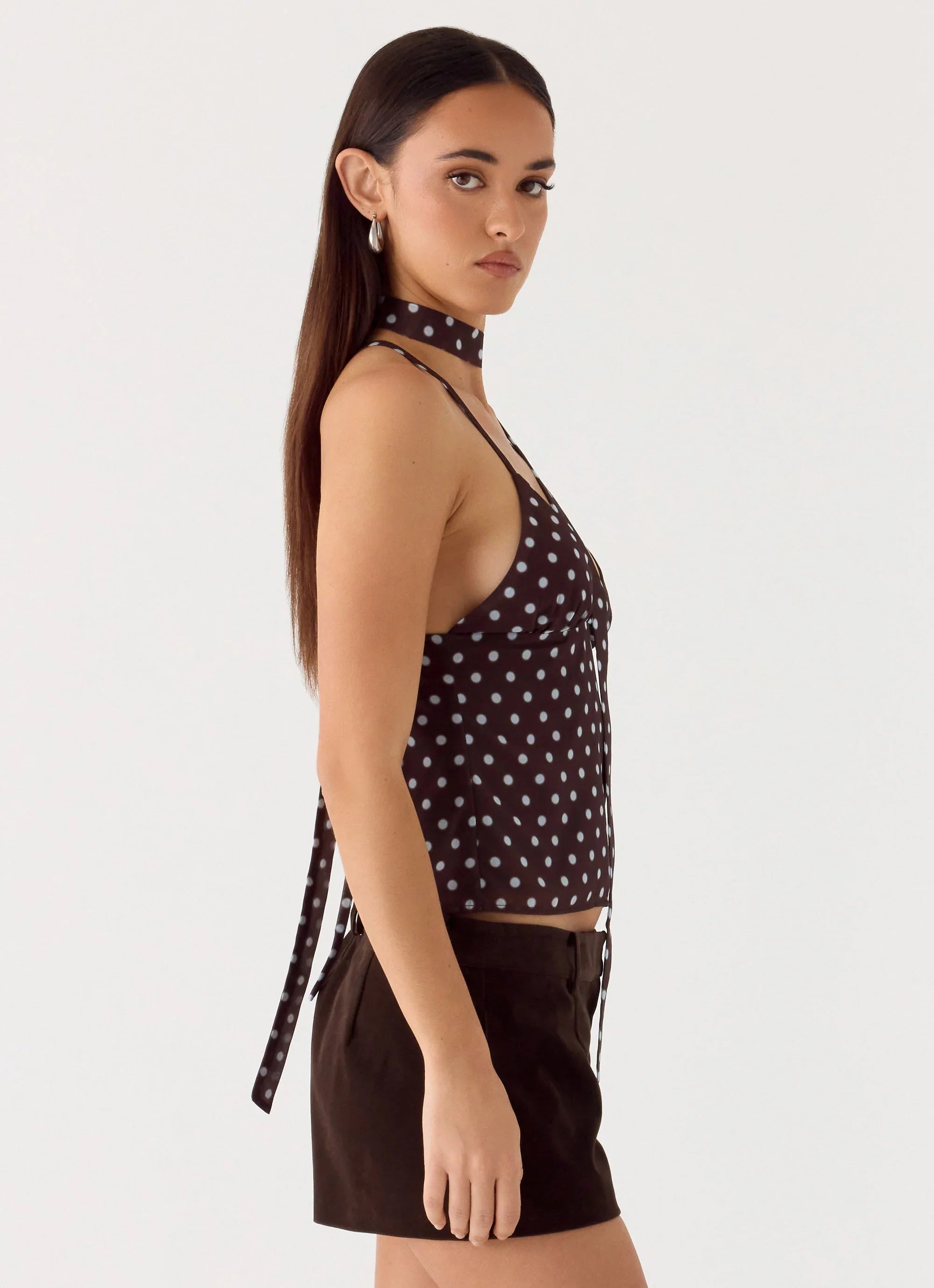 Quiero Backless Top Chocolate Blue Dot