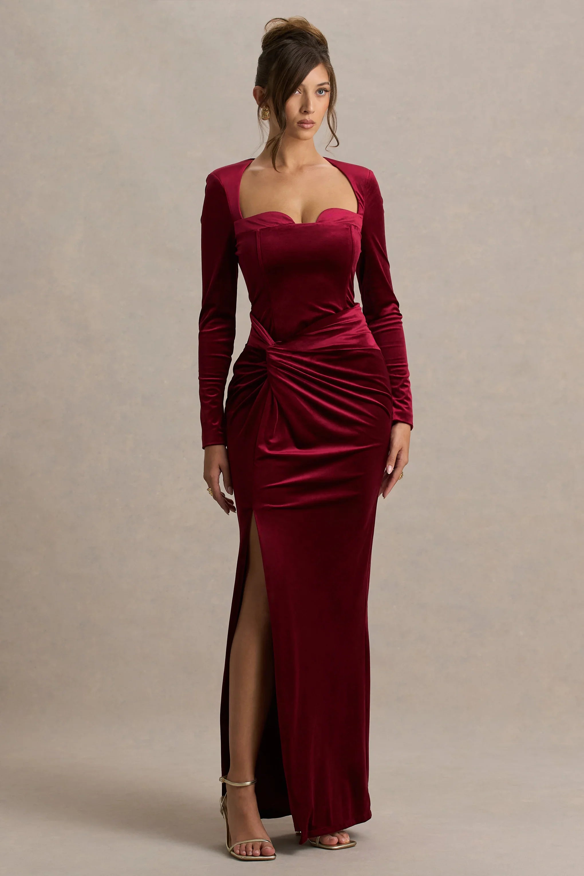 Fay Berry Velvet Corset Style Knot Maxi Dress