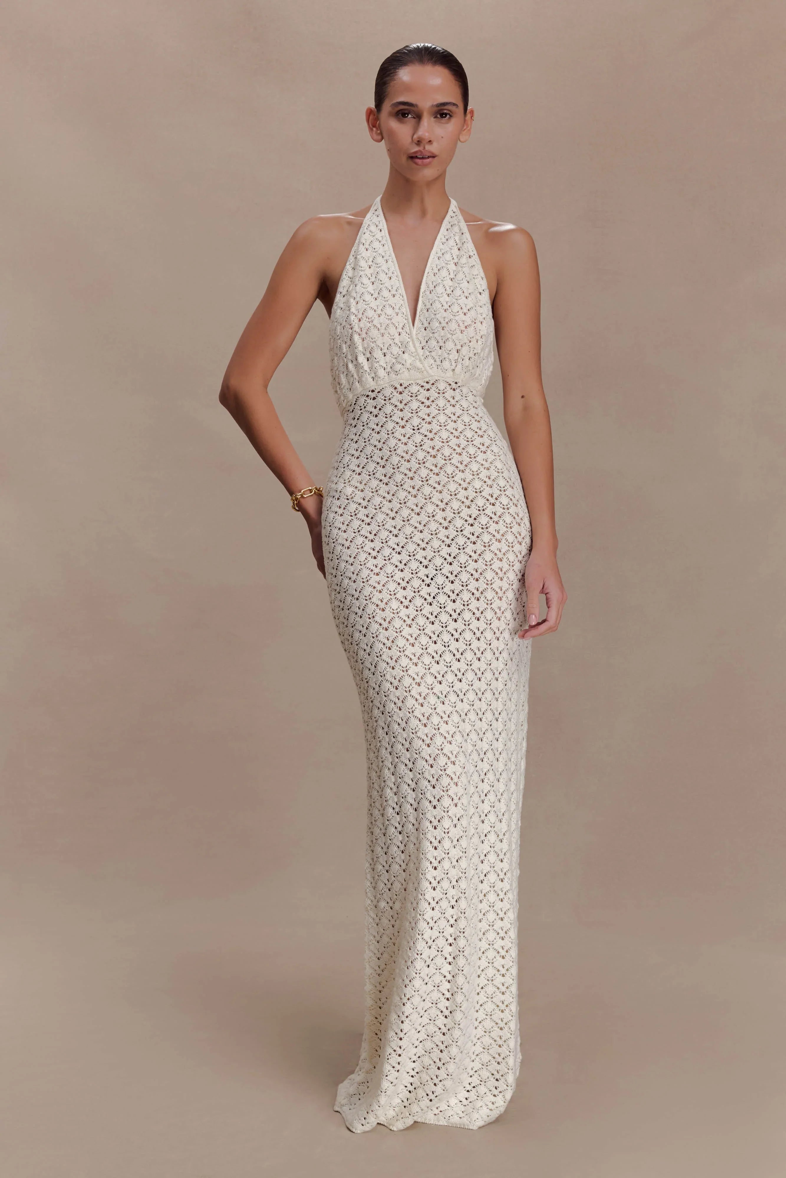 Deeliah Halterneck Crochet Maxi Dress Ivory