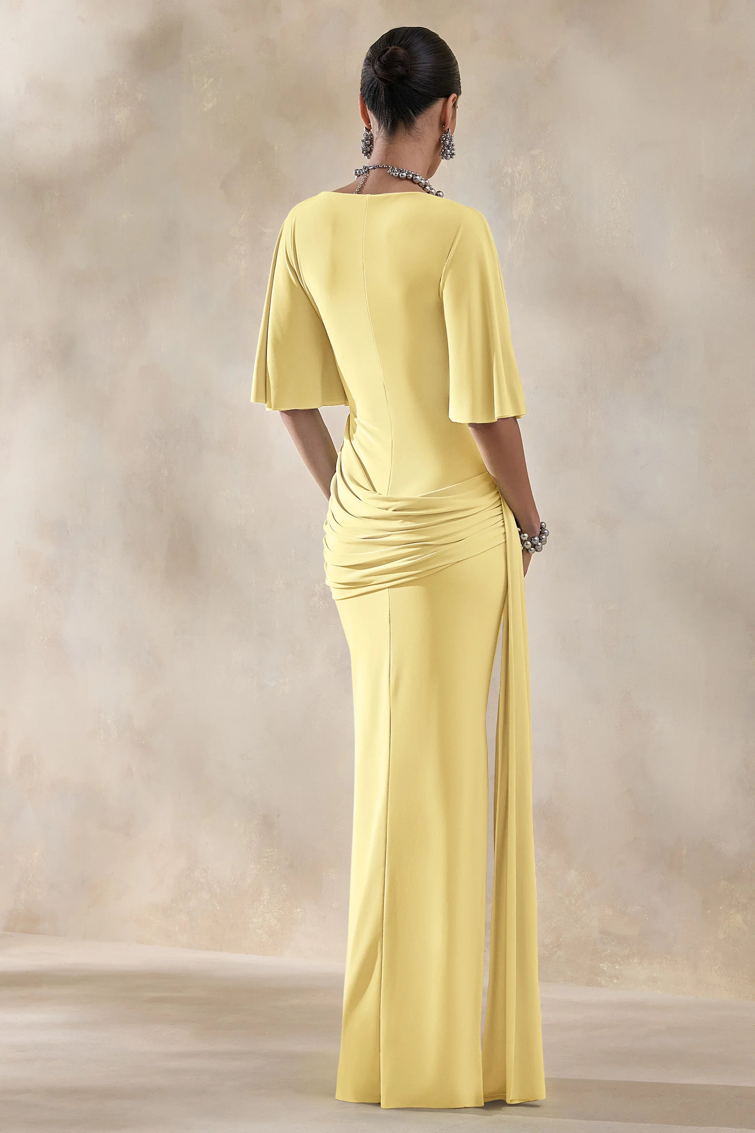 Emerelle Lemon Wide Neck Maxi Dress With Sash And Draped Detailing