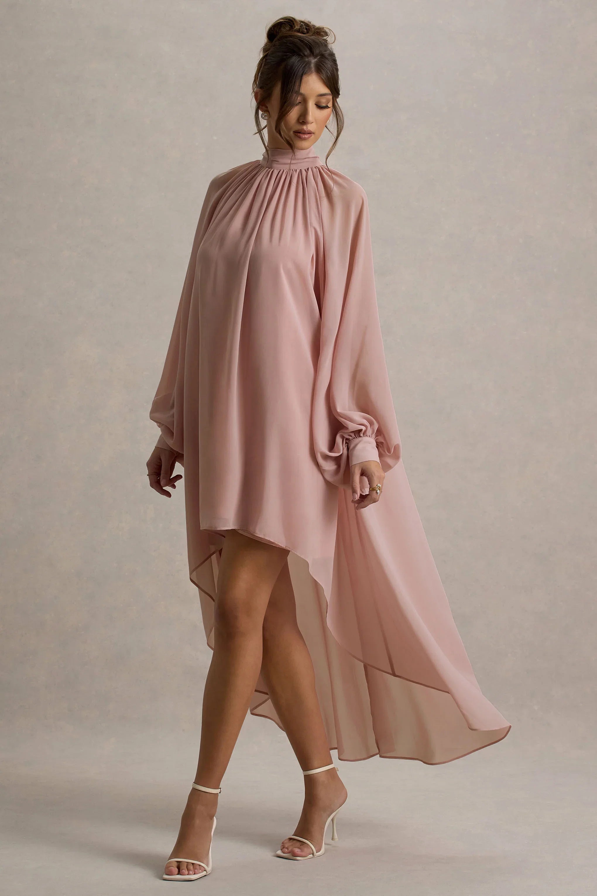 Delphia Pale Pink High Neck Maxi Dress With High Low Hem