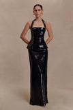 Bertie Sequin Peplum Halter Maxi Dress Black
