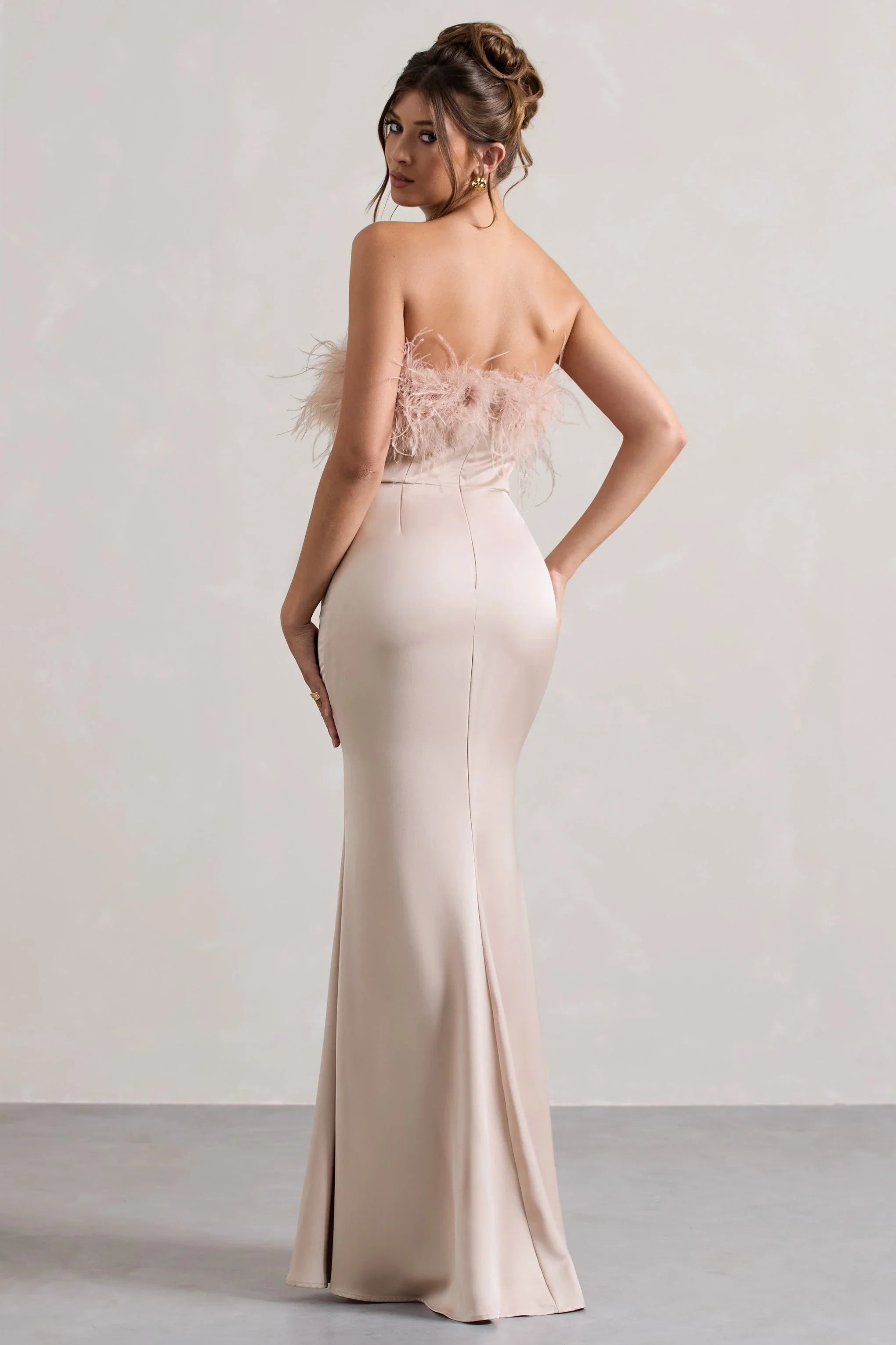 Dress For It Champagne Satin Feather Trim Bandeau Maxi Dress