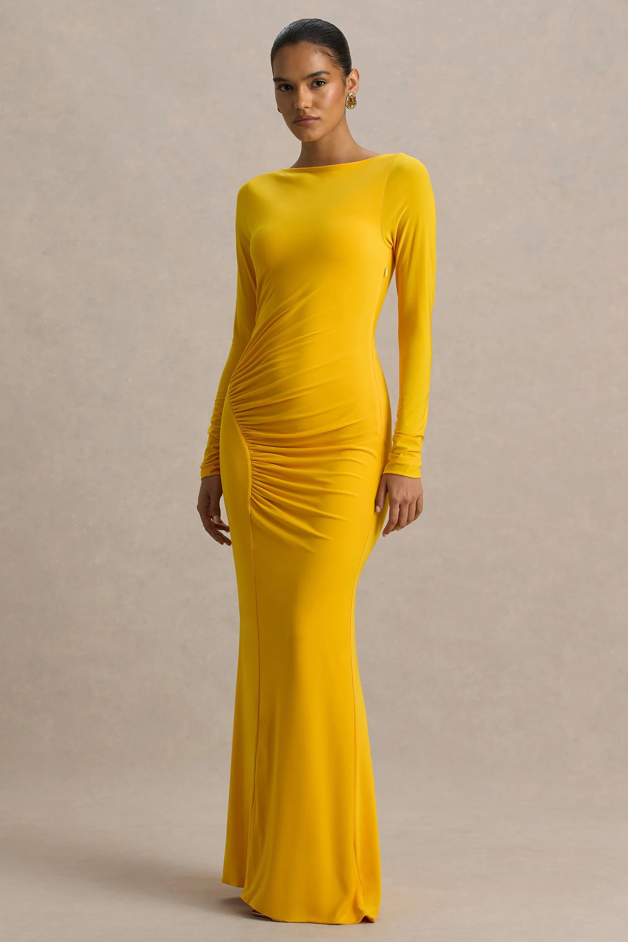 Diva Yellow Slashed Neck Maxi Dress With Ruched Detailing