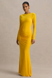 Diva Yellow Slashed Neck Maxi Dress With Ruched Detailing