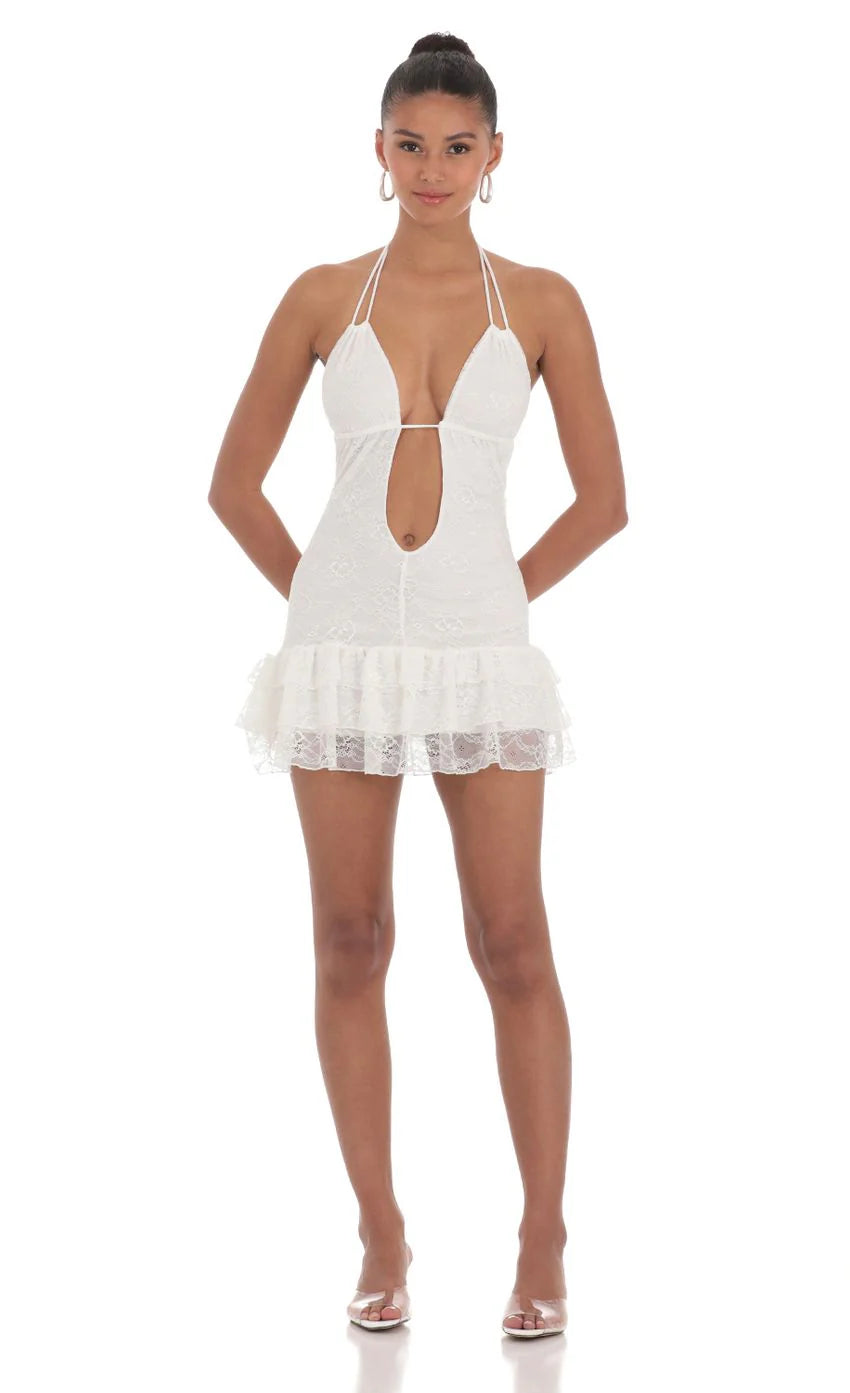 Lace Plunge Neck Dress in White