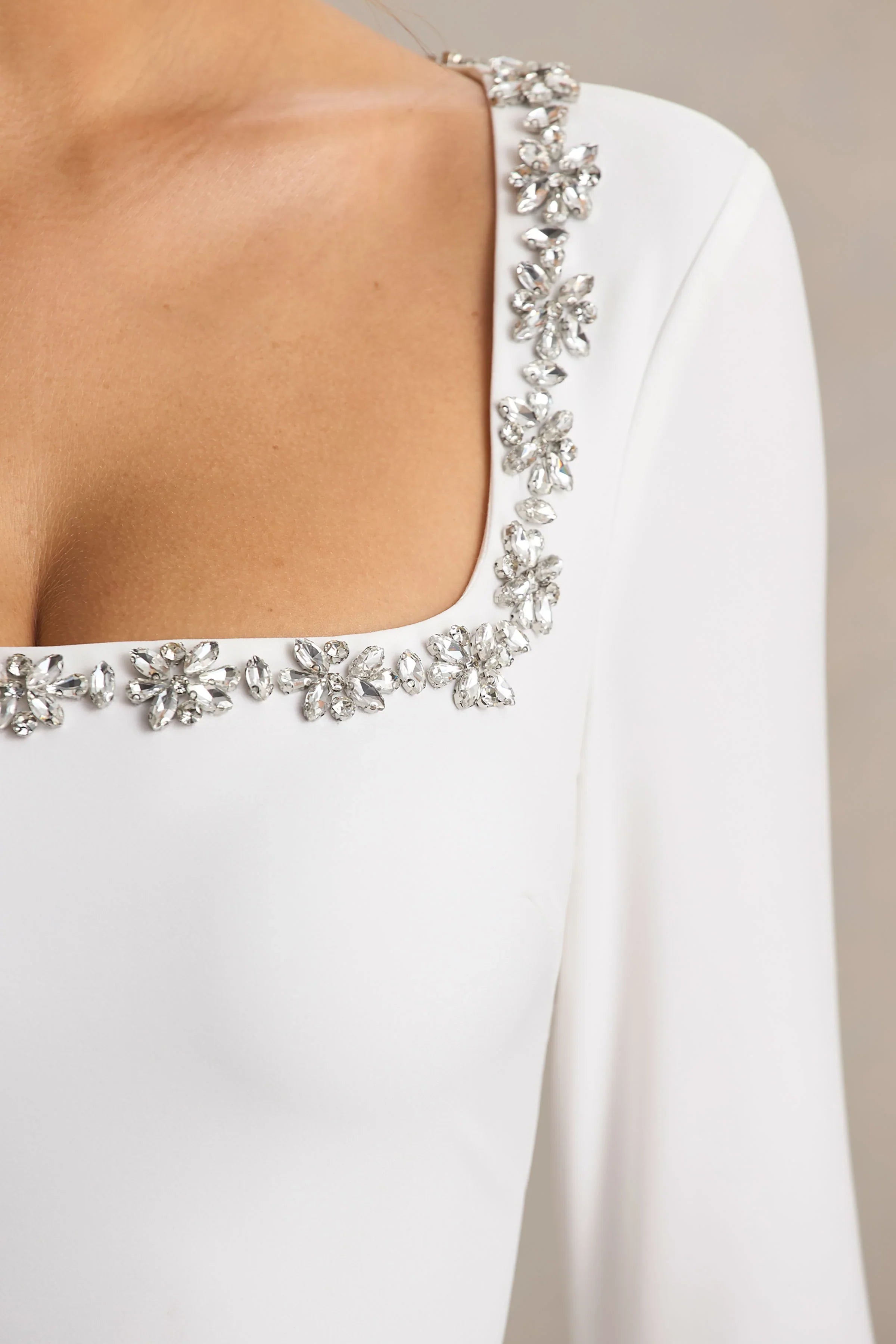 Astonish White Long Sleeve Embellished Square Neck Mini Dress With Volume Skirt