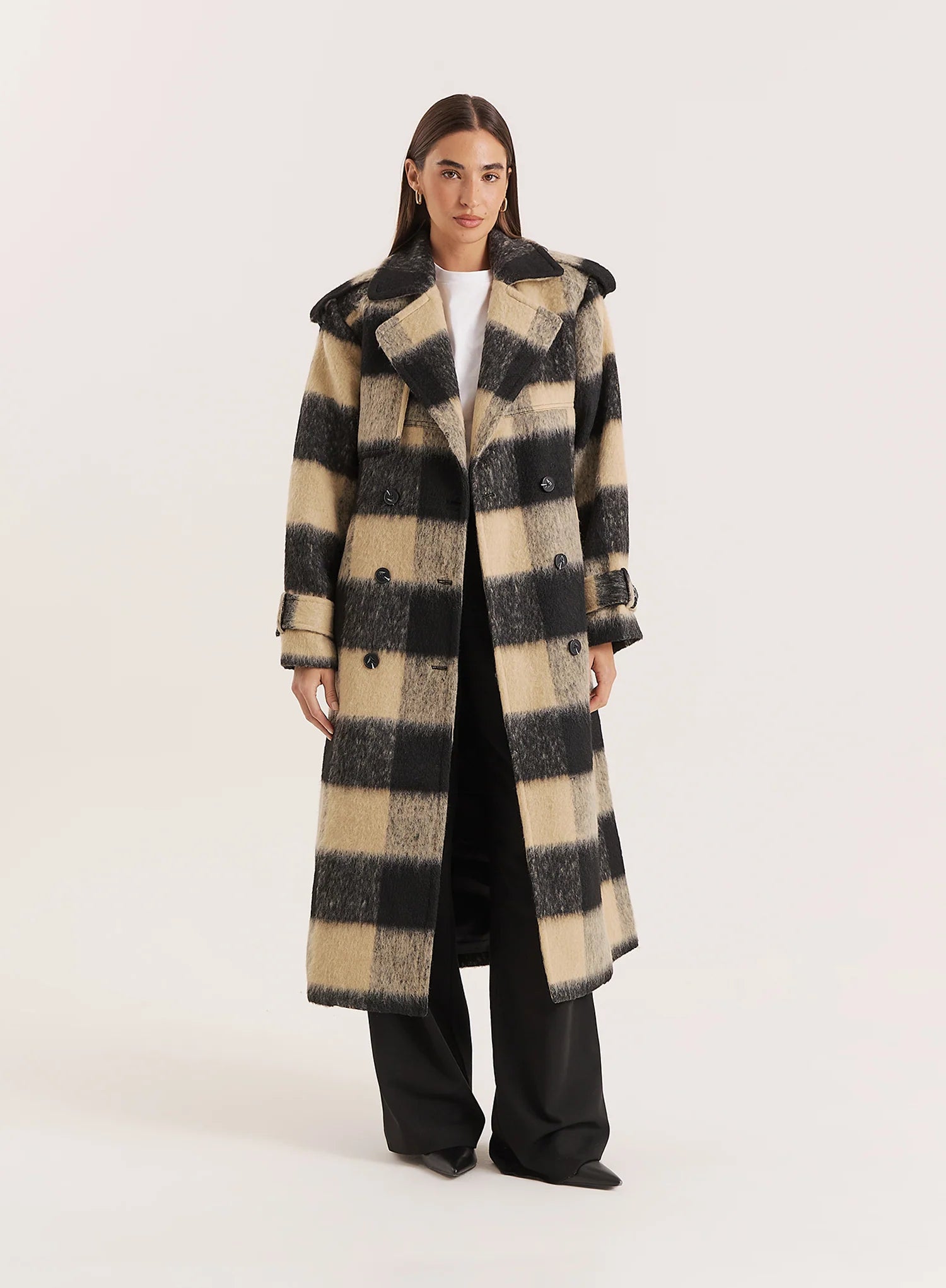 Black Beige Check Longline Belted Trench Coat