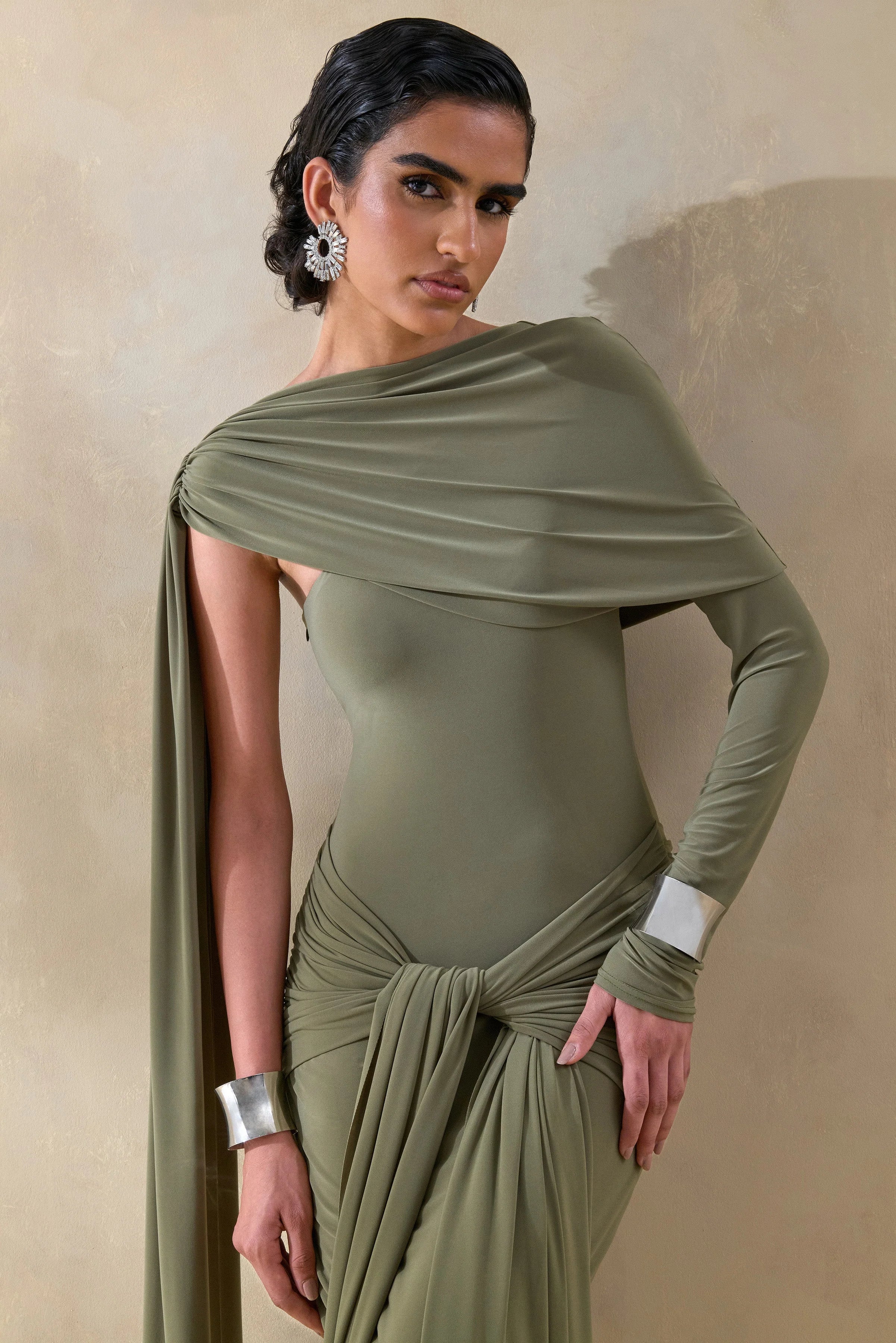Trisara Olive Asymmetric Neck Maxi Dress With Gathered Detailing And Sash